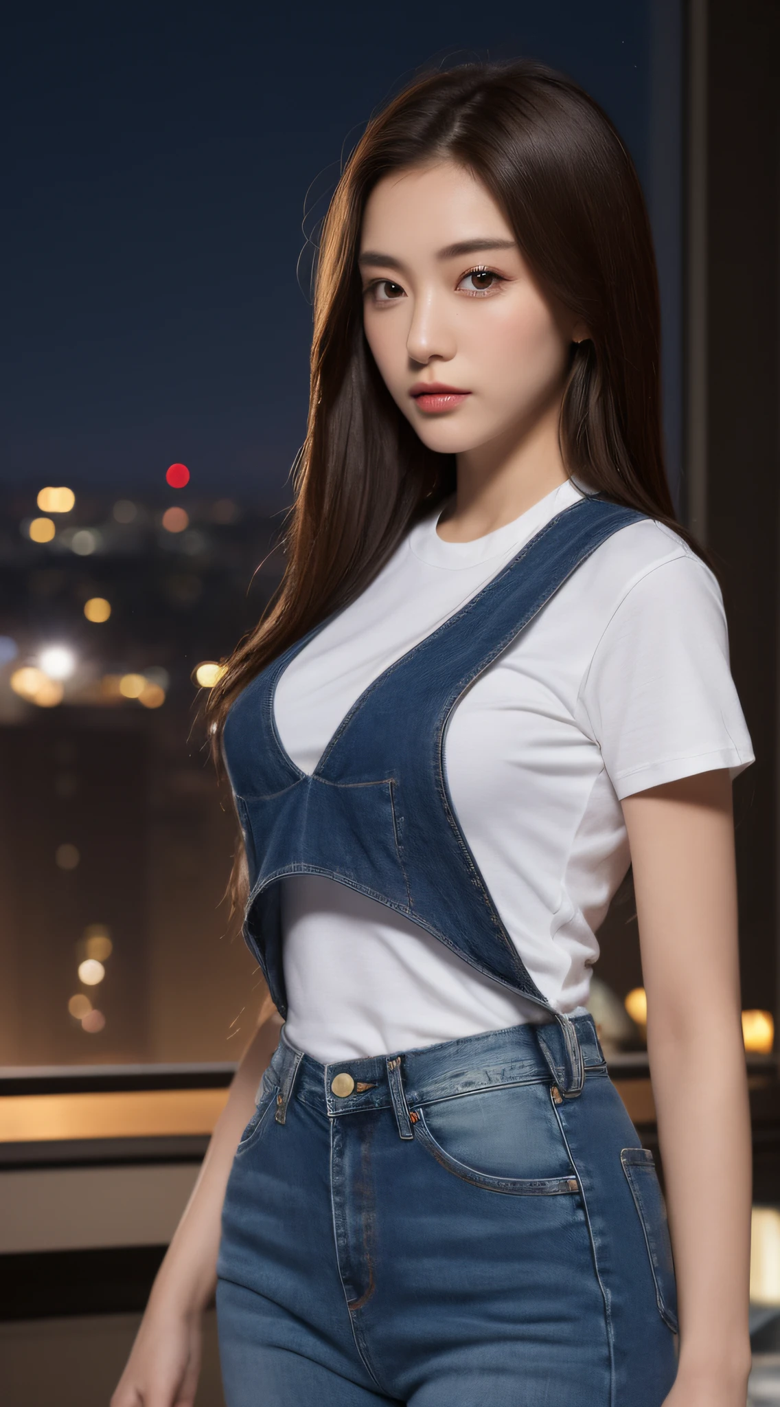 ((midnight, best quality, 8k, masterpiece :1.3)), full body, long legs, sharp focus :1.2, a beautiful woman with perfect figure :1.4, slender abs :1.1, ((dark brown hair, medium breasts :1.2)), (white skinny t-shirt, denim bib, standing: 1.2), (night view, roof: 1.3)), highly detailed face and skin texture, fine eyes, double eyelids