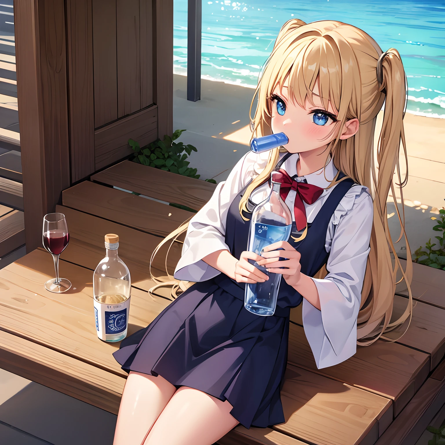 Cute chugging, water bottle, alcohol, wine bottle, 1girl in, Solo, Cute Girl, Cute Cloth, masutepiece, Ultra Detail, Best Quality,