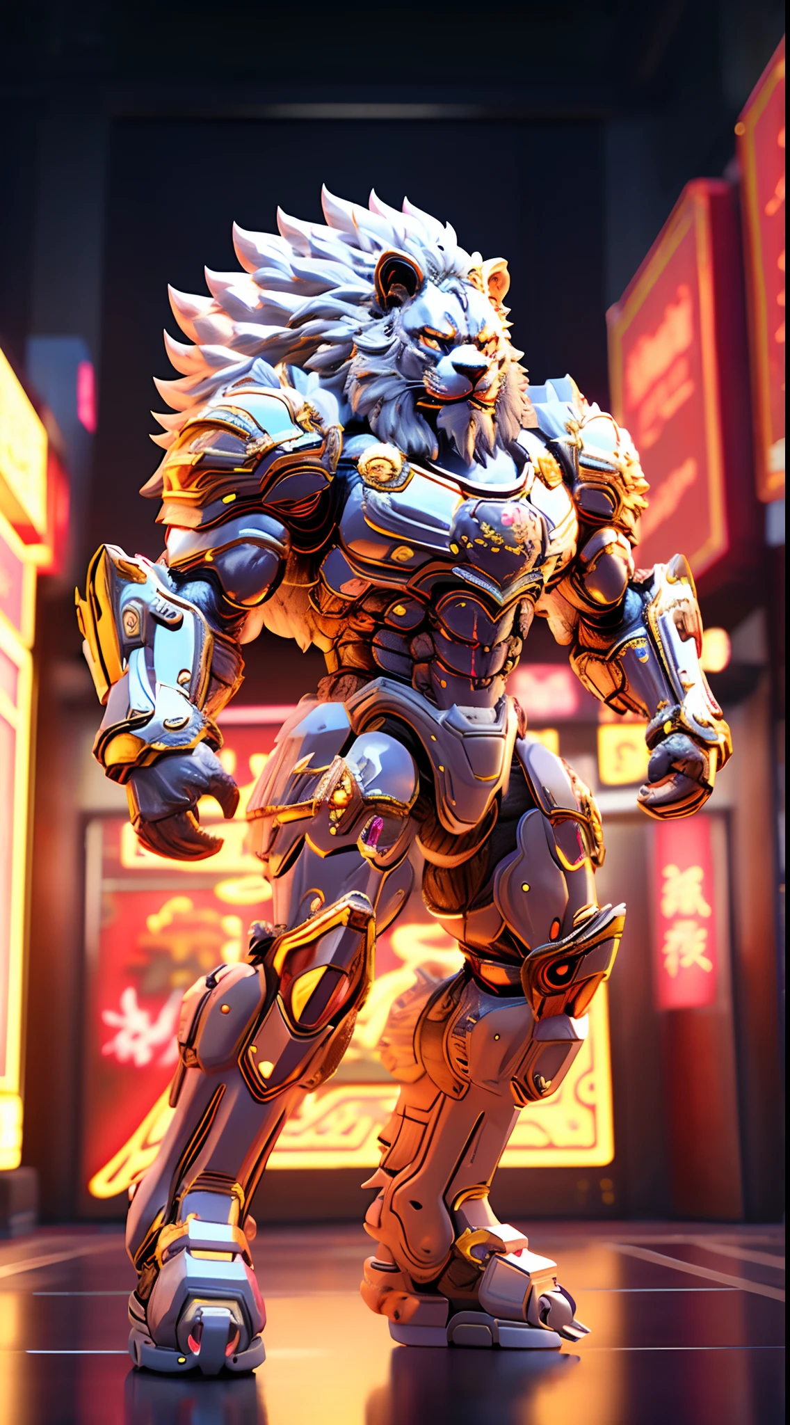 CHINESE LION, LION HEAD, FULL BODY, HEAVY CRYSTAL ARMOR, TRANSPARANT, MUSCLE BODY.