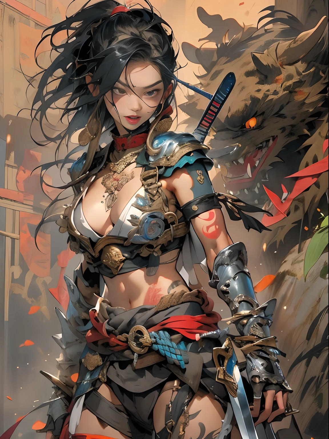 (((mtu))), (((best qualityer))), (((tmasterpiece))), (((AS-Adult))), ((( Japanese ))), Look up from your knees, Handsome Asian samurai，perfect body figure, Modern samurai, ((( Asian))), Wear gloves on your hands，The left arm is made of steel and metal tips，Made of protective devices, The eyes are pulled, (( Appears below the chest )), (( Small dental floss )), Simon Bisley, Almost naked（Simon Bisley）Castle City Wilderness，For high-resolution posters, hair straight, Minimum clothing, armure (Crazy clothes ), Full of tips and rivets, tribal tattoos, (((full bodyesbian))), Straight brunette hair，Colored hair ends