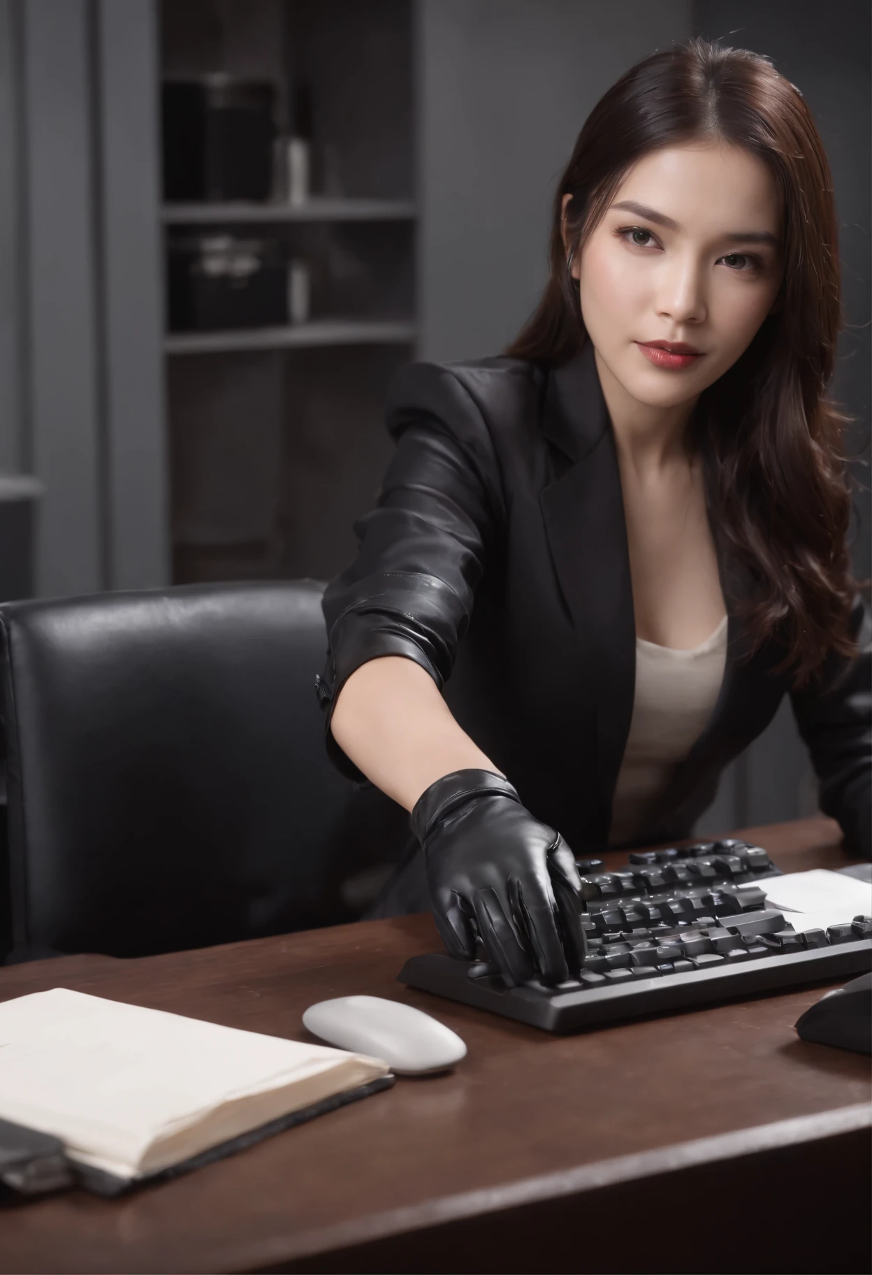 Wearing black leather gloves in both hands, upper body, black business suit, facing the desk in my room with a computer in the dark, operate the computer keyboard with the fingertips of black leather gloves while looking at the screen, long, black hair bundled in the back, Japanese female new employee (black leather gloves cover both hands) (angle is in the front)