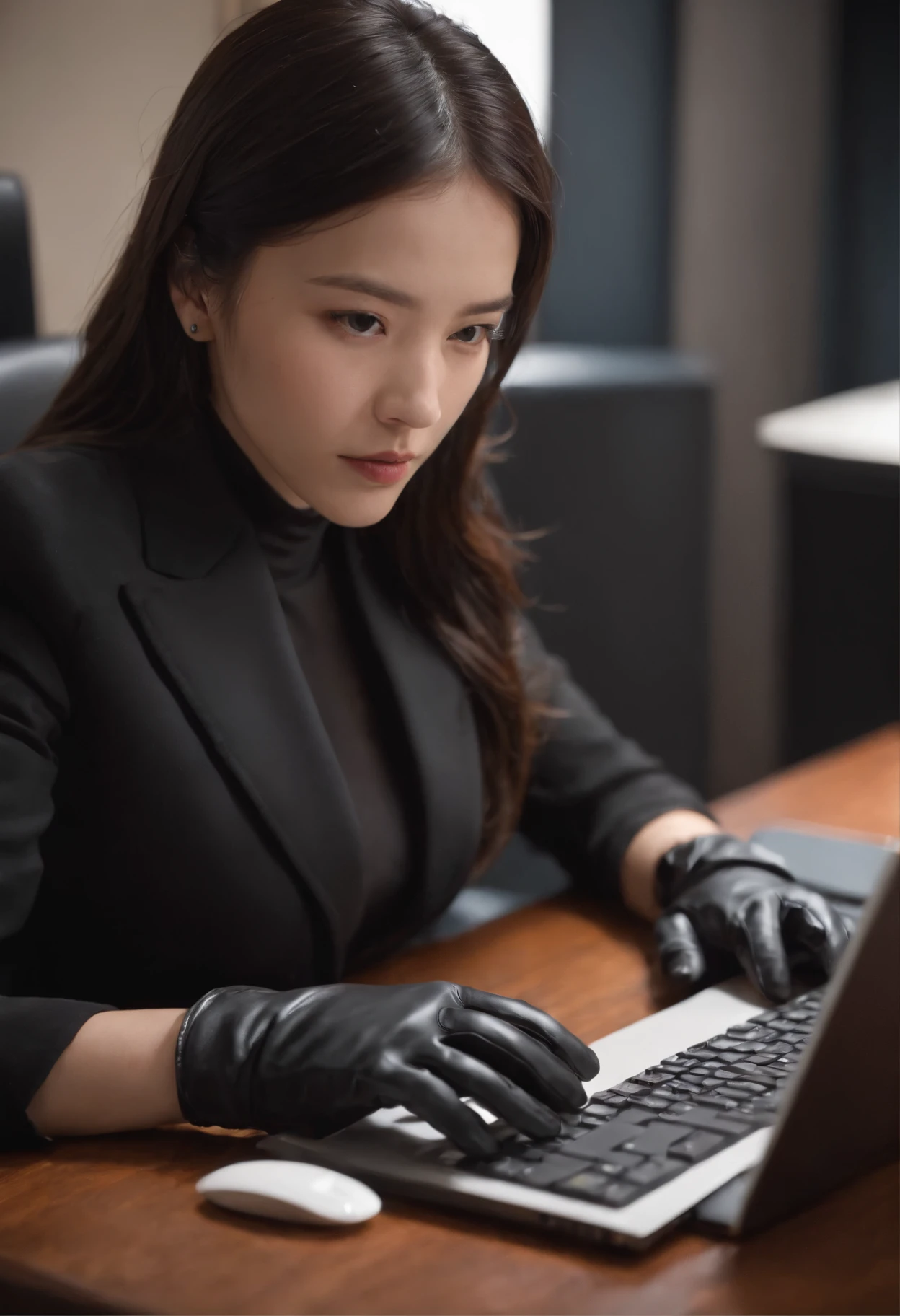 Wearing black leather gloves in both hands, upper body, black business suit, facing the desk in my room with a computer in the dark, operate the computer keyboard with the fingertips of black leather gloves while looking at the screen, long, black hair bundled in the back, Japanese female new employee (black leather gloves cover both hands) (angle is in the front)