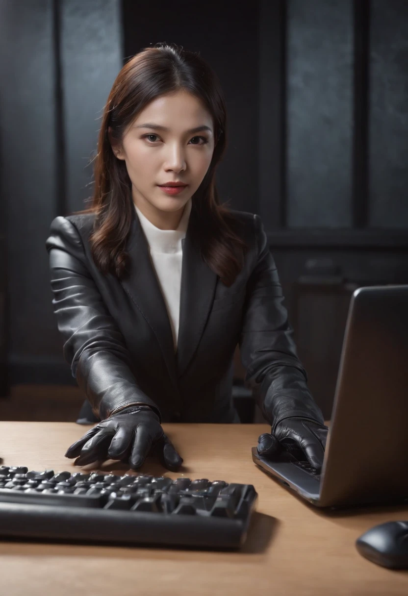 Wearing black leather gloves in both hands, upper body, black business suit, facing the desk in my room with a computer in the dark, operate the computer keyboard with the fingertips of black leather gloves while looking at the screen, long, black hair bundled in the back, Japanese female new employee (black leather gloves cover both hands) (angle is in the front)