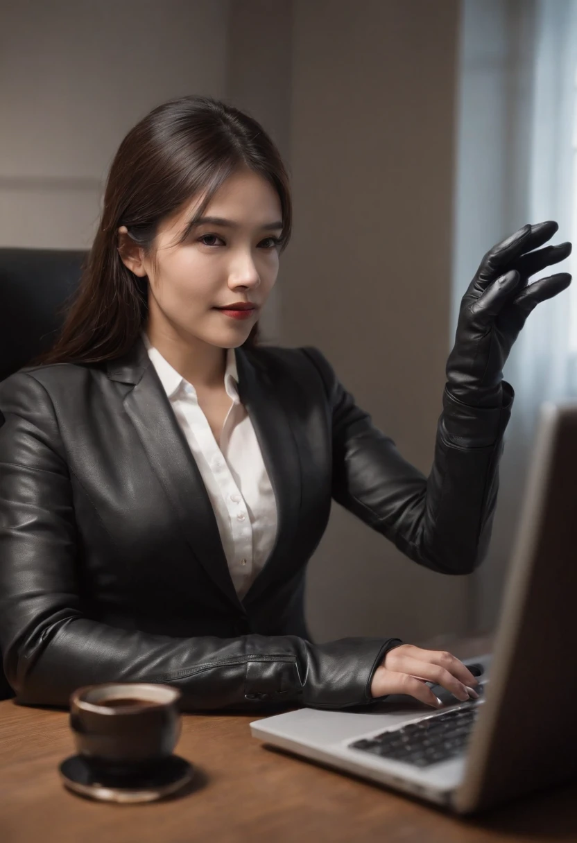 Wearing black leather gloves in both hands, upper body, black business suit, facing the desk in my room with a computer in the dark, operate the computer keyboard with the fingertips of black leather gloves while looking at the screen, long, black hair bundled in the back, Japanese female new employee (black leather gloves cover both hands) (angle is in the front)