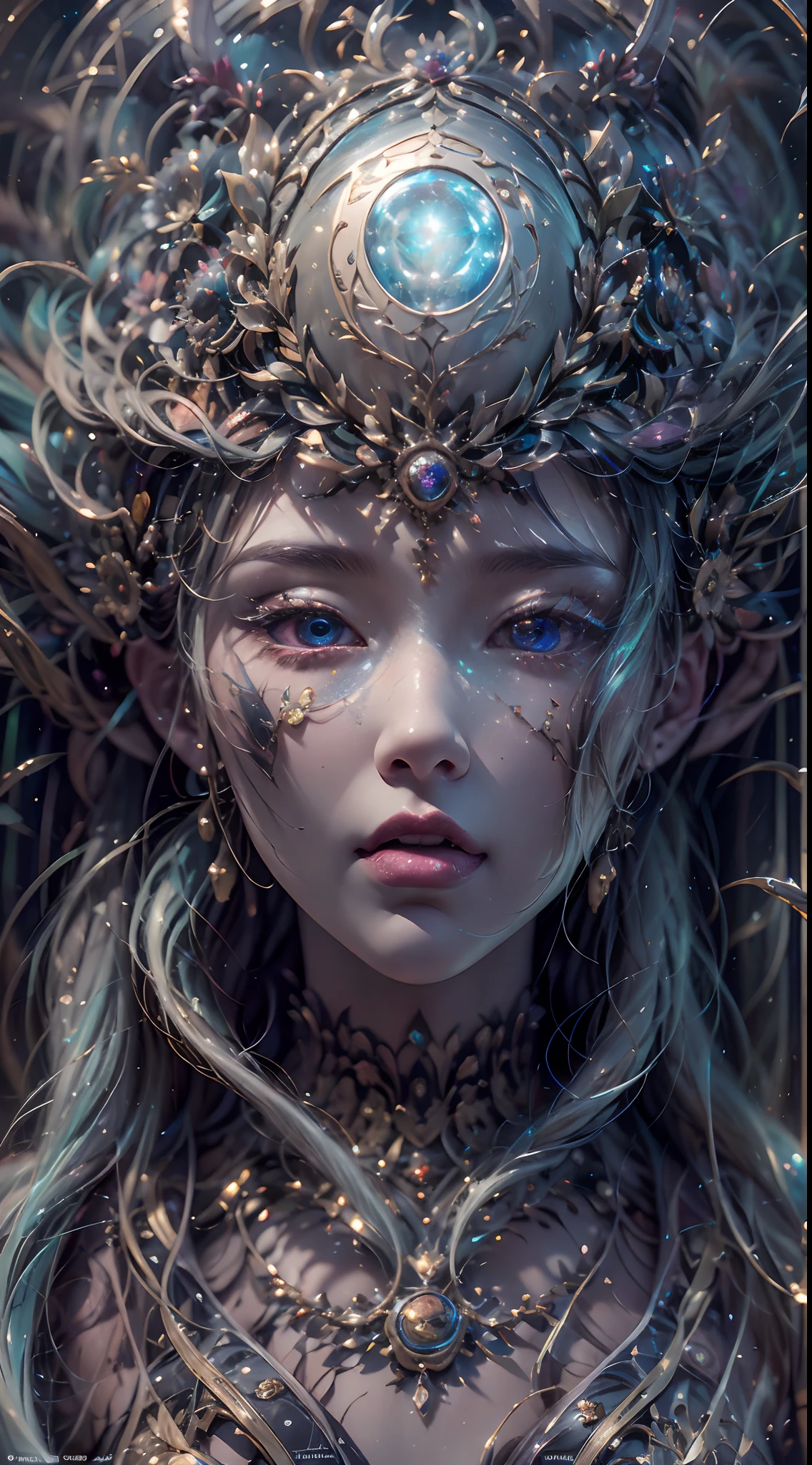 （best qualtiy，ultra - detailed，Most Best Illustration，Best shadow，tmasterpiece，A high resolution，professionalartwork，famousartwork），Detailed eyes，beautidful eyes，closeup cleavage，sci-fy，colored sclera，Robot eyes，face markings，Tattooed with，（fractalized，Fractal eyes），largeeyes，Wide eyes，（Eye focus），sface focus，Cosmic eyes，Space eyes，Close-up of metal sculpture of a woman with a moon in her hair，goddes。extremly high detail，3 d goddess portrait，Extremely detailed footage of the goddess，a stunning portrait of a goddess，Side image of the goddess，portrait of a beautiful goddess，Full body close-up portrait of the goddess，hecate goddess，portrait of a norse moon goddess，goddess of space and time