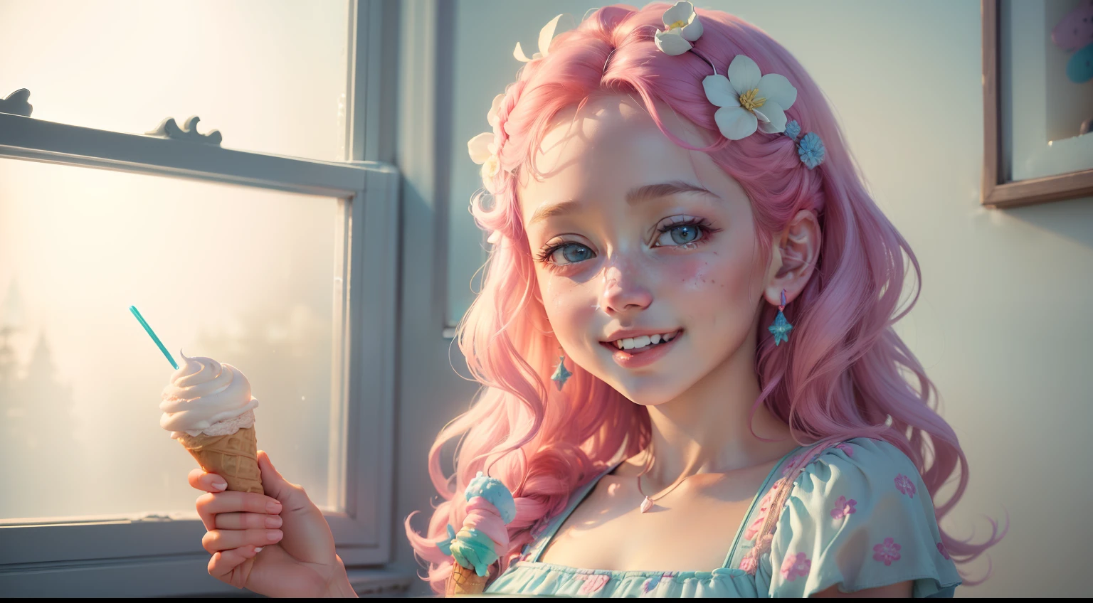 (best quality,4k,8k,highres,masterpiece:1.2),ultra-detailed,(realistic,photorealistic,photo-realistic:1.37),portrait,ice cream,smiling girl,cute girl,lighting:soft,dreamy colors,feminine atmosphere,summer vibes,delicious treats,playful expression,vibrant flavors,giggling,delicate details,icy textures,refreshing treats,tempting desserts,happiness,freeze popsicle,colors: pastel,indoor,window light,cotton candy,flower-patterned dress,playful curls,joyful moments,frozen delights,bright and cheerful,bubbly personality,carefree,fun-filled,whimsical,expressive eyes,luscious scoops of ice cream,licking ice cream cone,sweet indulgence,happiness in every bite