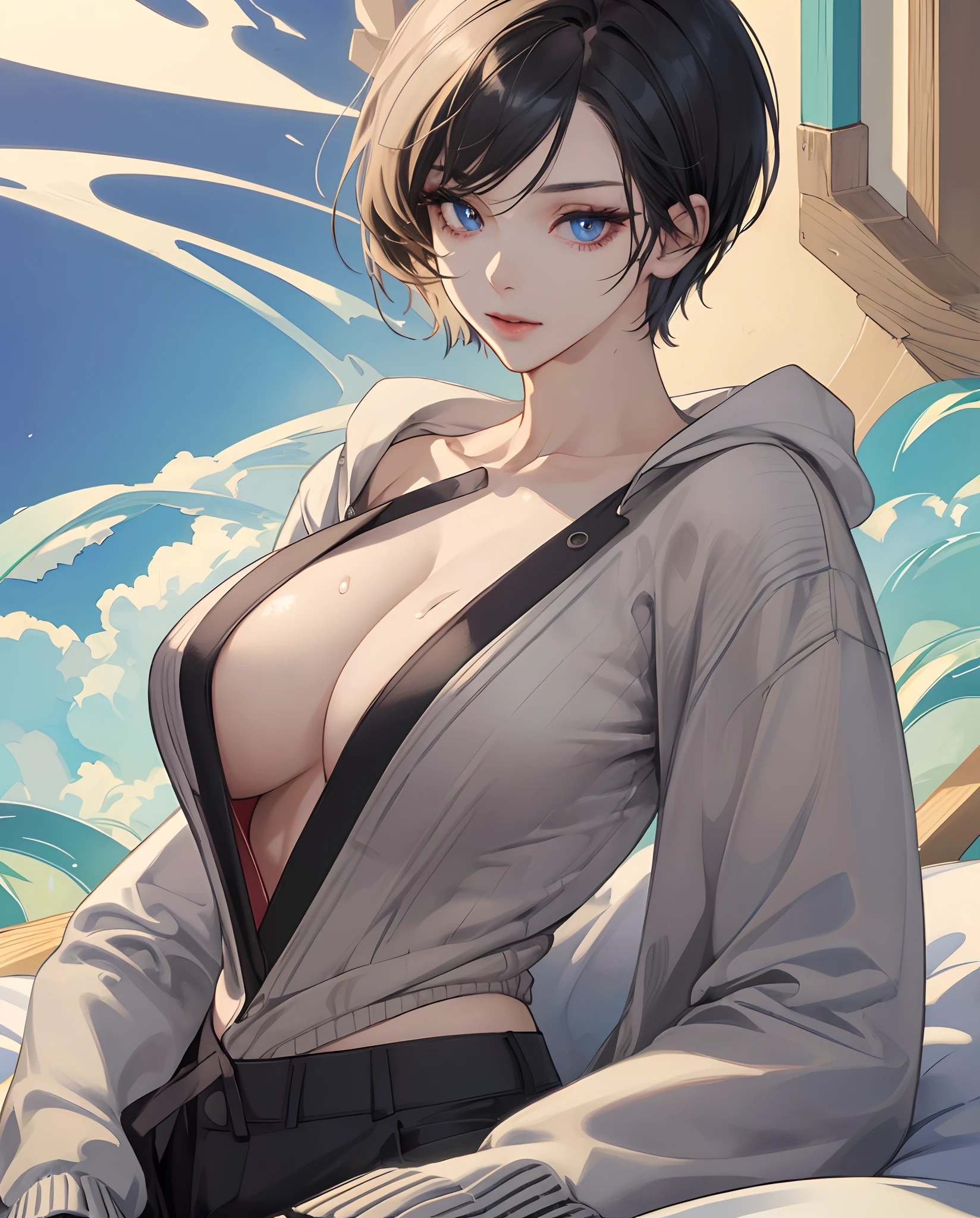 ((Best quality, 8k, Masterpiece :1.3)), 1girl, Pretty woman with slender abs :1.3, (Medium-short hair, Huge breasts with neeples :1.2), Cardigan :1.1, Ultra-detailed face, Detailed eyes, Double eyelid,anime hirl ,slime body , with sexy curve ,full body