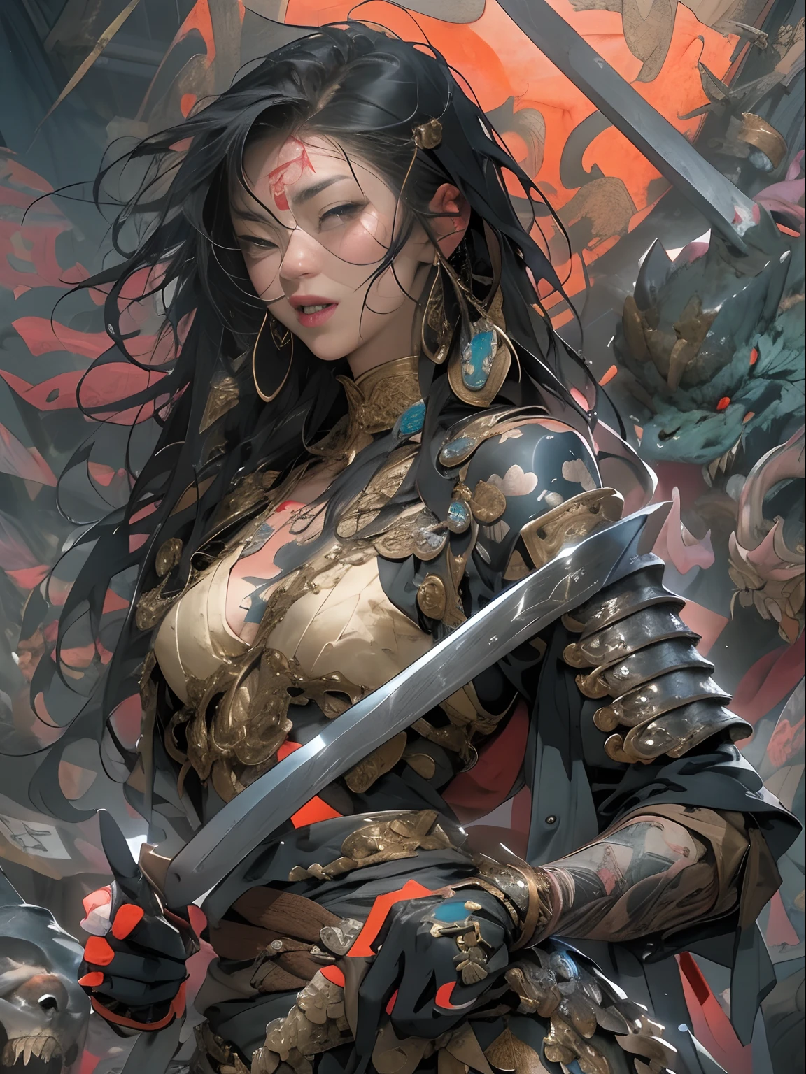 (((woman))), (((best qualityer))), (((tmasterpiece))), (((AS-Adult))), ((( Japanese ))), Look up from your knees, A beautiful asian samurai woman with perfect body, Modern samurai, ((( Asian))), Wear gloves on your hands,The left arm is made of steel and metal tips,Made of protective devices, The eyes are pulled, (( Appears below the breast )), (( Small dental floss )), Simon Bisley, Almost naked(Simon Bisley)Castle City Wilderness,For high-resolution posters, hair straight, Minimum clothing, armure (Crazy clothes ), Full of tips and rivets, tribal tattoos, (((full bodyesbian))), Straight brunette hair,Colored hair ends