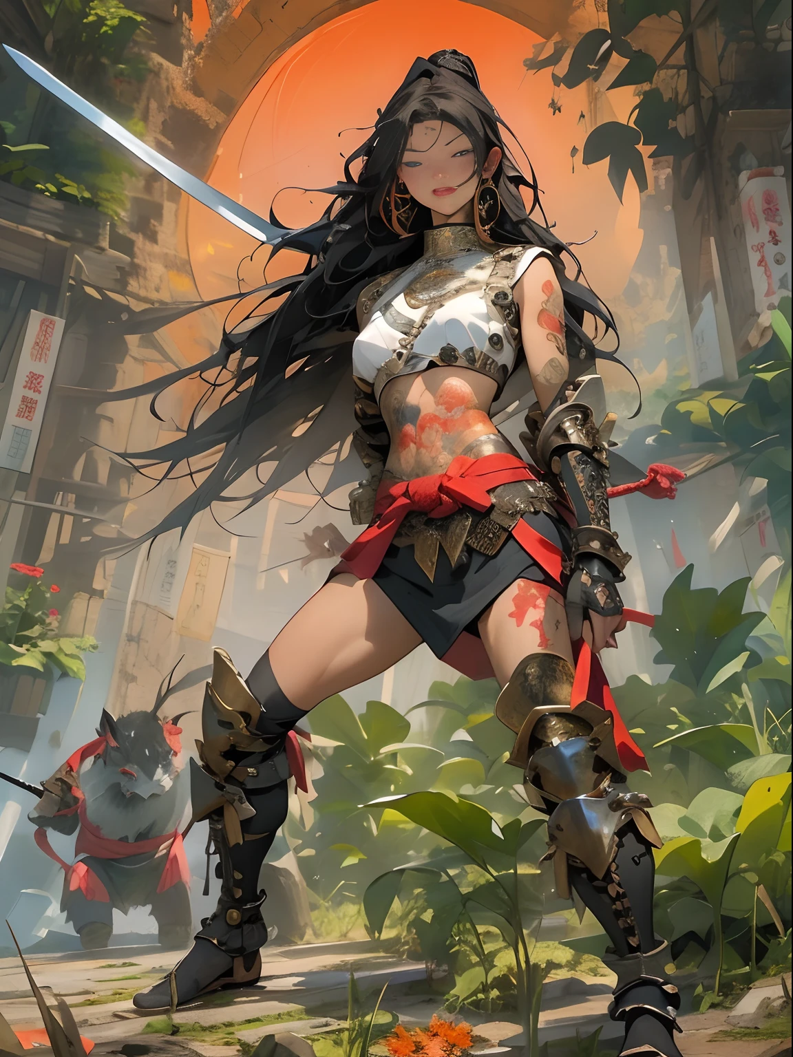 (((woman))), (((best qualityer))), (((tmasterpiece))), (((AS-Adult))), ((( Japanese ))), Look up from your knees, A beautiful asian samurai woman with perfect body, Modern samurai, ((( Asian))), Wear gloves on your hands，The left arm is made of steel and metal tips，Made of protective devices, The eyes are pulled, (( Appears below the breast )), (( Small dental floss )), Simon Bisley, Almost naked（Simon Bisley）Castle City Wilderness，For high-resolution posters, hair straight, Minimum clothing, armure (Crazy clothes ), Full of tips and rivets, tribal tattoos, (((full bodyesbian))), Straight brunette hair，Colored hair ends