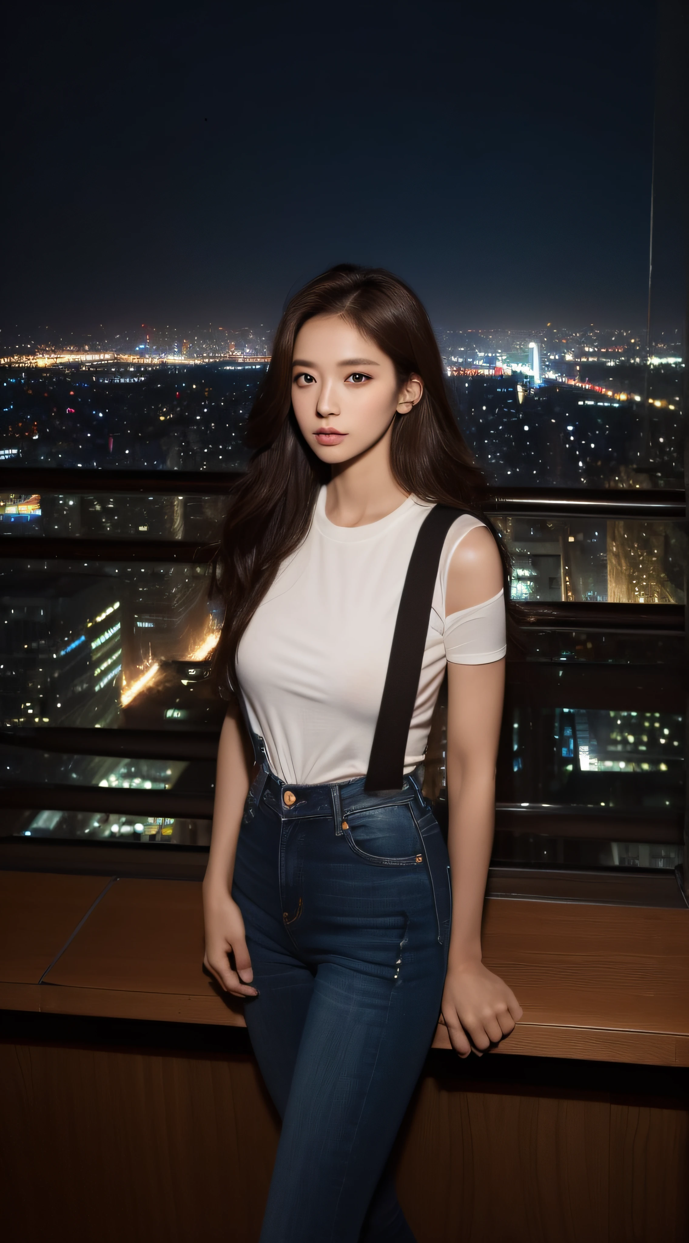 ((Midnight, Best quality, 8k, Masterpiece :1.3)), Whole body, Long legs, Sharp focus :1.2, A pretty woman with perfect figure :1.4, Slender abs :1.1, ((Dark brown hair, Big breasts :1.2)), (White tight tshirt, Jean bib, Standing:1.2), ((Night city view, Rooftop:1.3)), Highly detailed face and skin texture, Detailed eyes, Double eyelid, darken, backlit, off shoulder