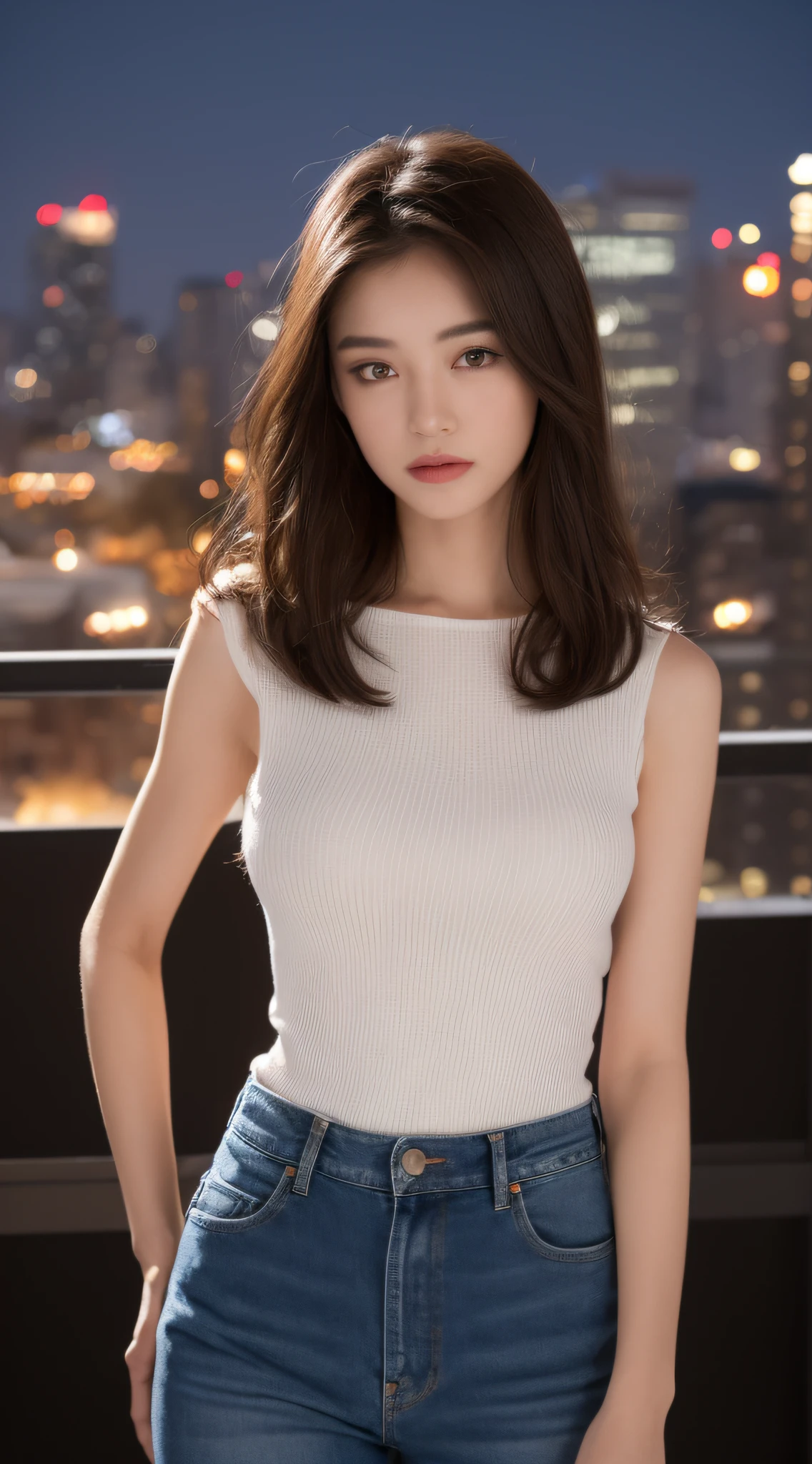 ((midnight, best quality, 8k, masterpiece :1.3)), full body, long legs, sharp focus :1.2, a beautiful woman with perfect figure :1.4, slender abs :1.1, ((dark brown hair, medium breasts :1.2)), (white skinny t-shirt, denim bib, standing: 1.2), (night view, roof: 1.3)), highly detailed face and skin texture, fine eyes, double eyelids