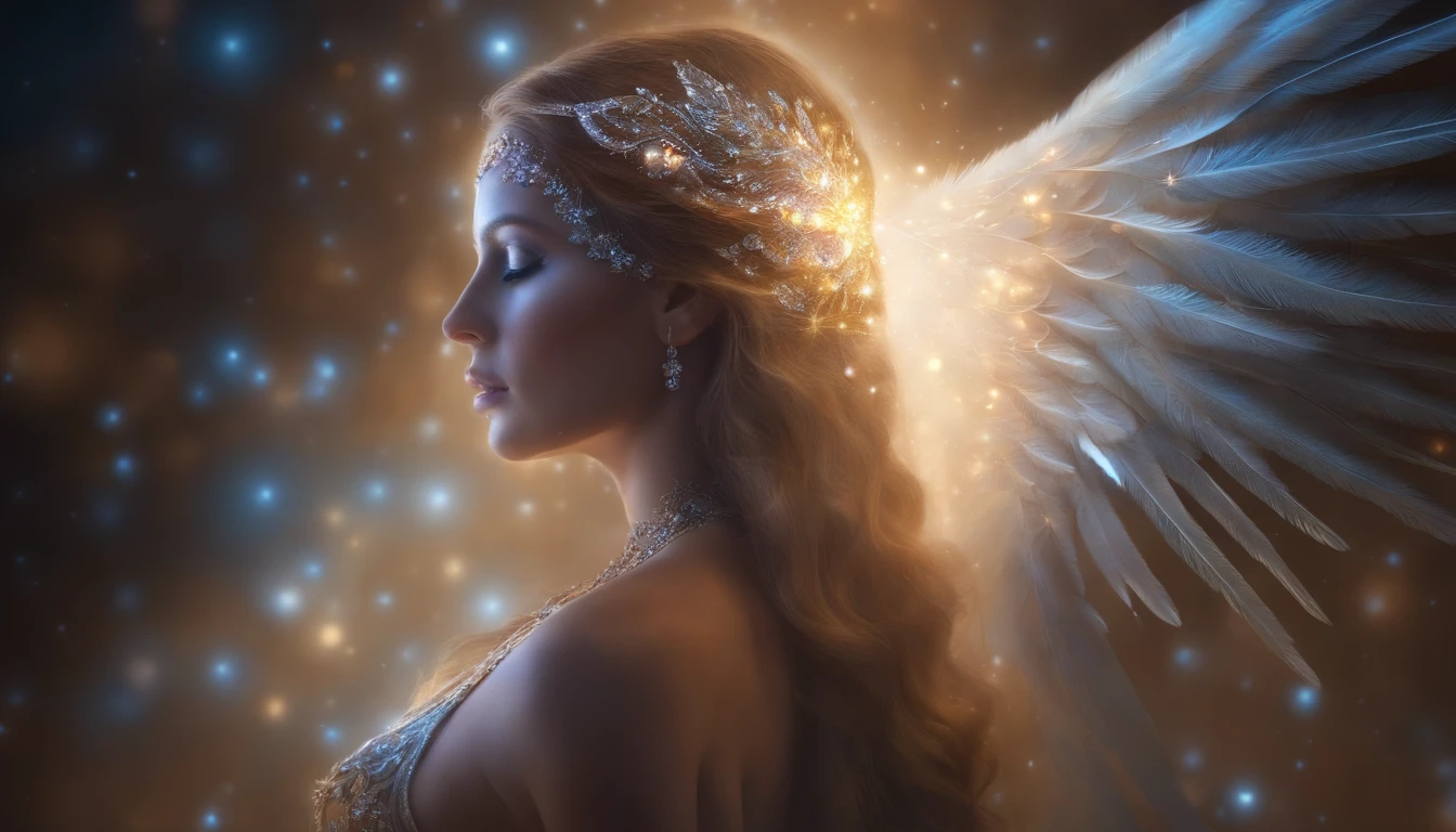 cosmic angel, olhos claros brilhantes, Biomechanicals, estranho, assustador, Pesadelo, cores muito brilhantes, light particles, com luz brilhante, Mshiff, Arte do papel de parede, Papel de parede UHD