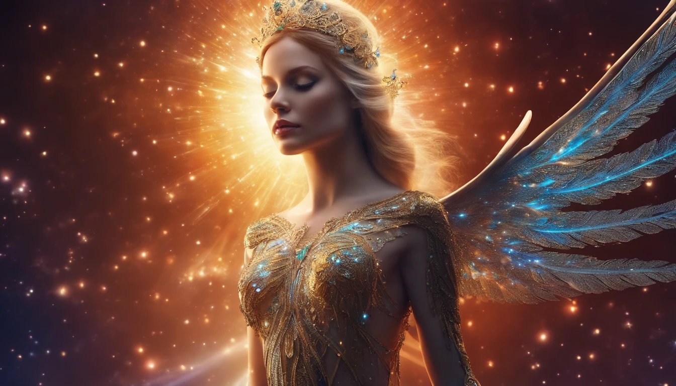 cosmic angel, olhos claros brilhantes, Biomechanicals, estranho, assustador, Pesadelo, cores muito brilhantes, light particles, com luz brilhante, Mshiff, Arte do papel de parede, Papel de parede UHD