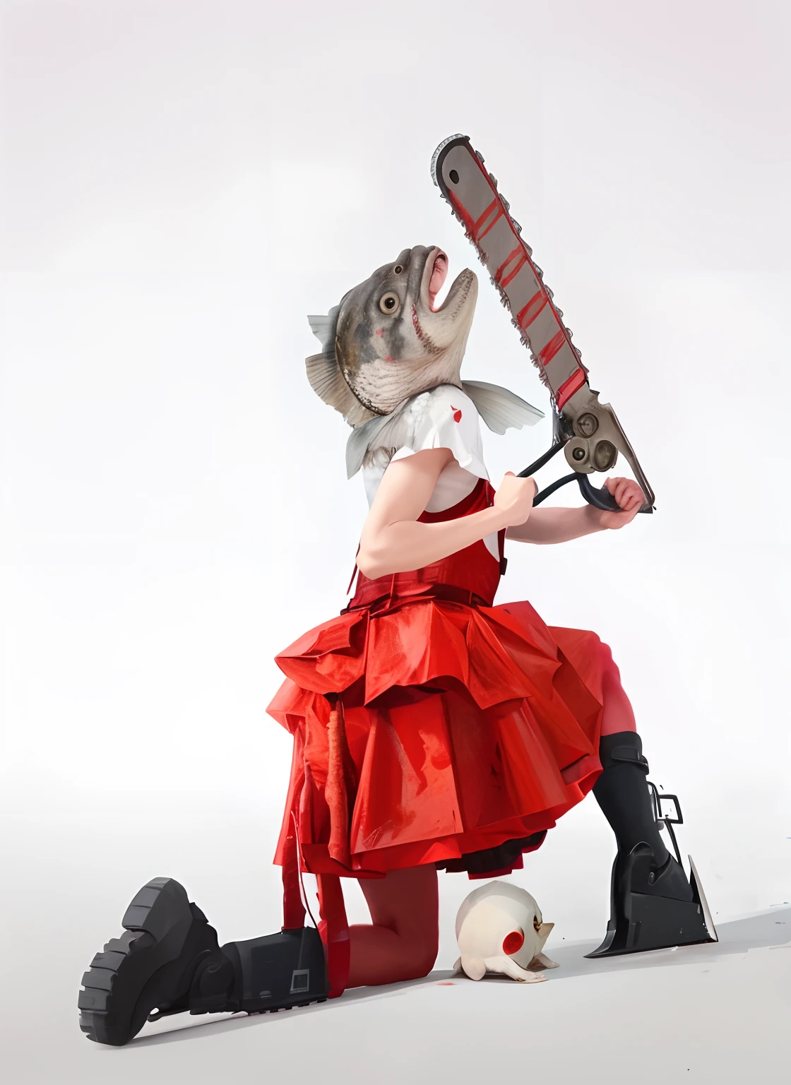 Man in a red skirt with a fish head,With a chainsaw in his hand