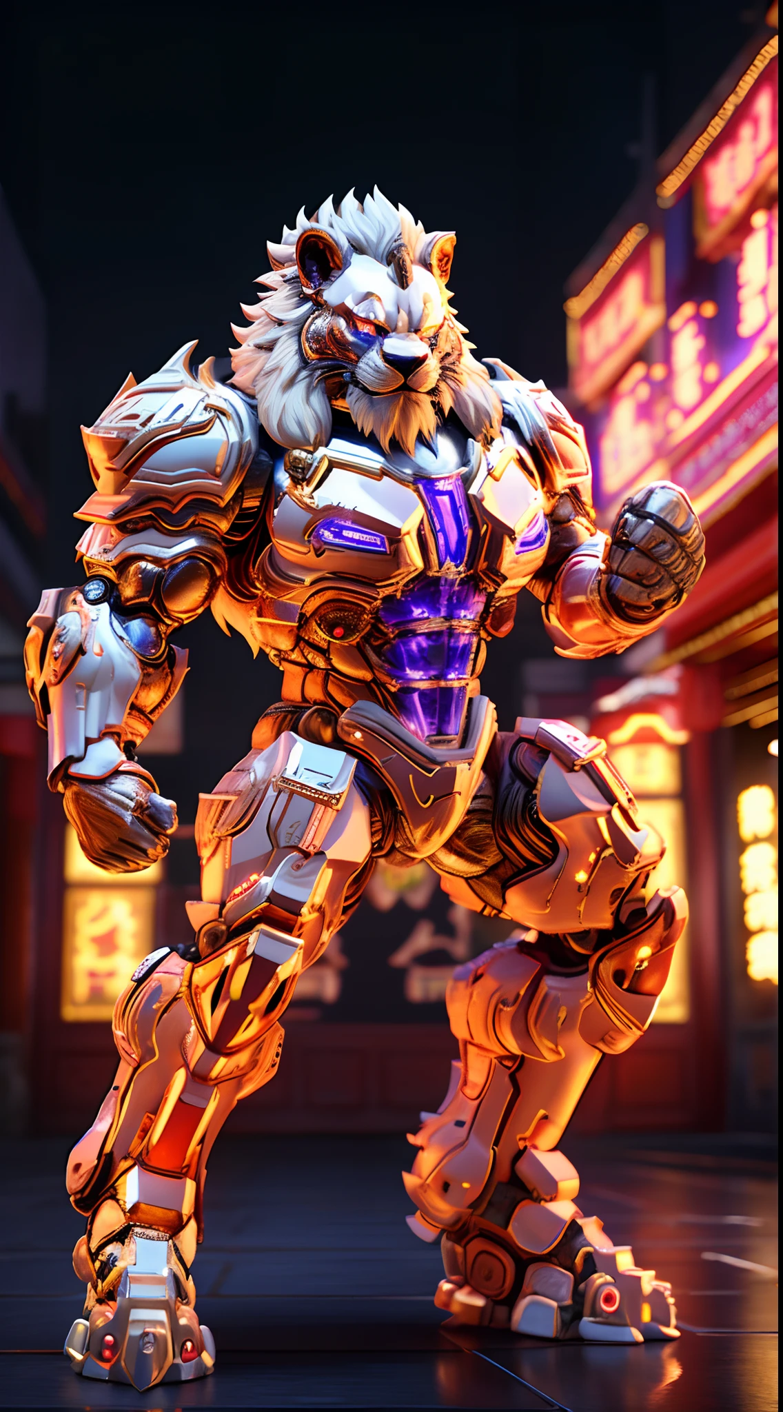 CHINESE LION, LION HEAD, FULL BODY, HEAVY CRYSTAL ARMOR, TRANSPARANT, MUSCLE BODY.