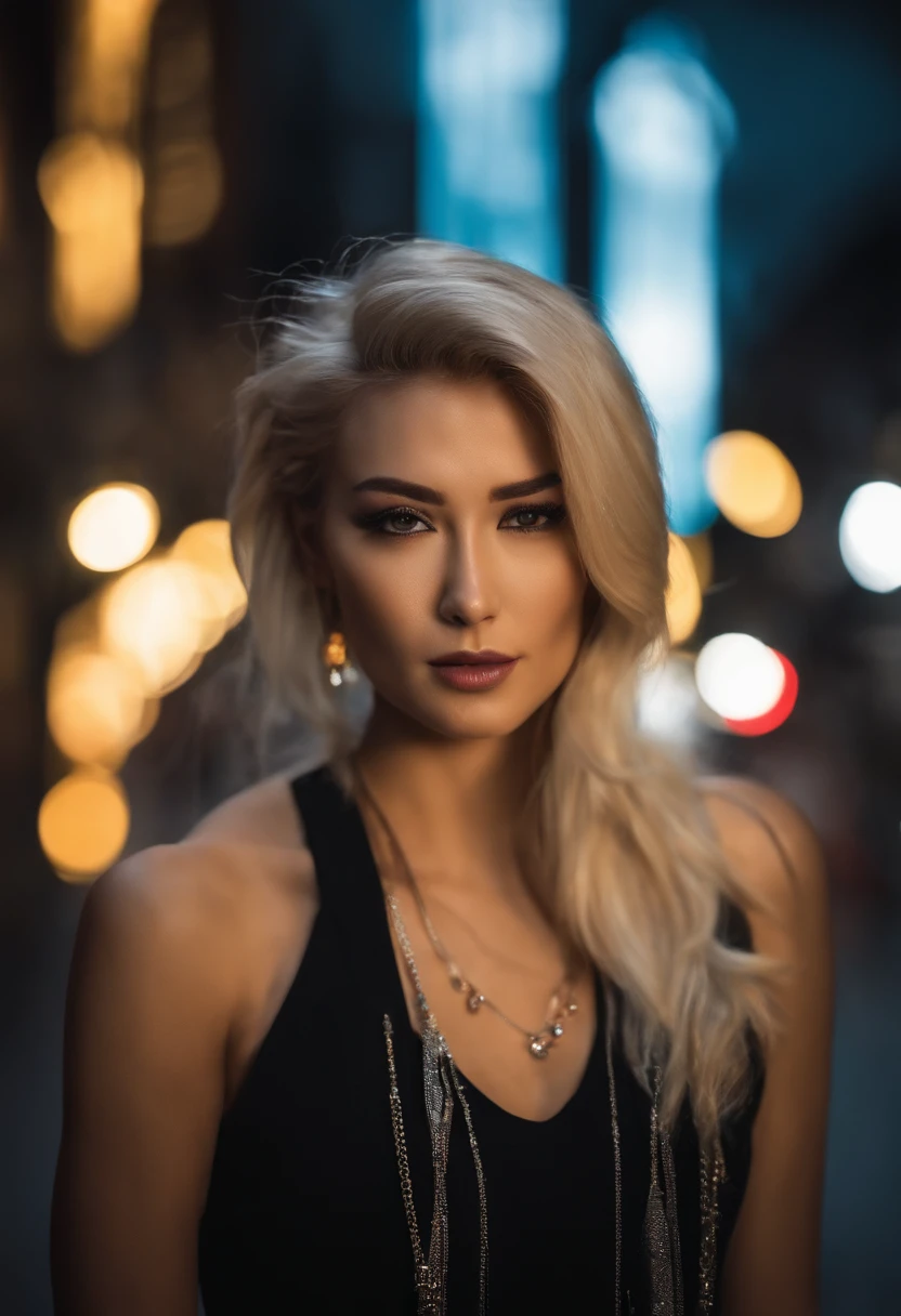 Beautuful Women、japanes、30-years old、yellow hair、Black clothe、Sharp eyes、Grumpy face、slightly open mouth、natta、In the street、neons、Bokeh background、Woman in the center、tall、Silver Necklace、silver earing、One hand is raised