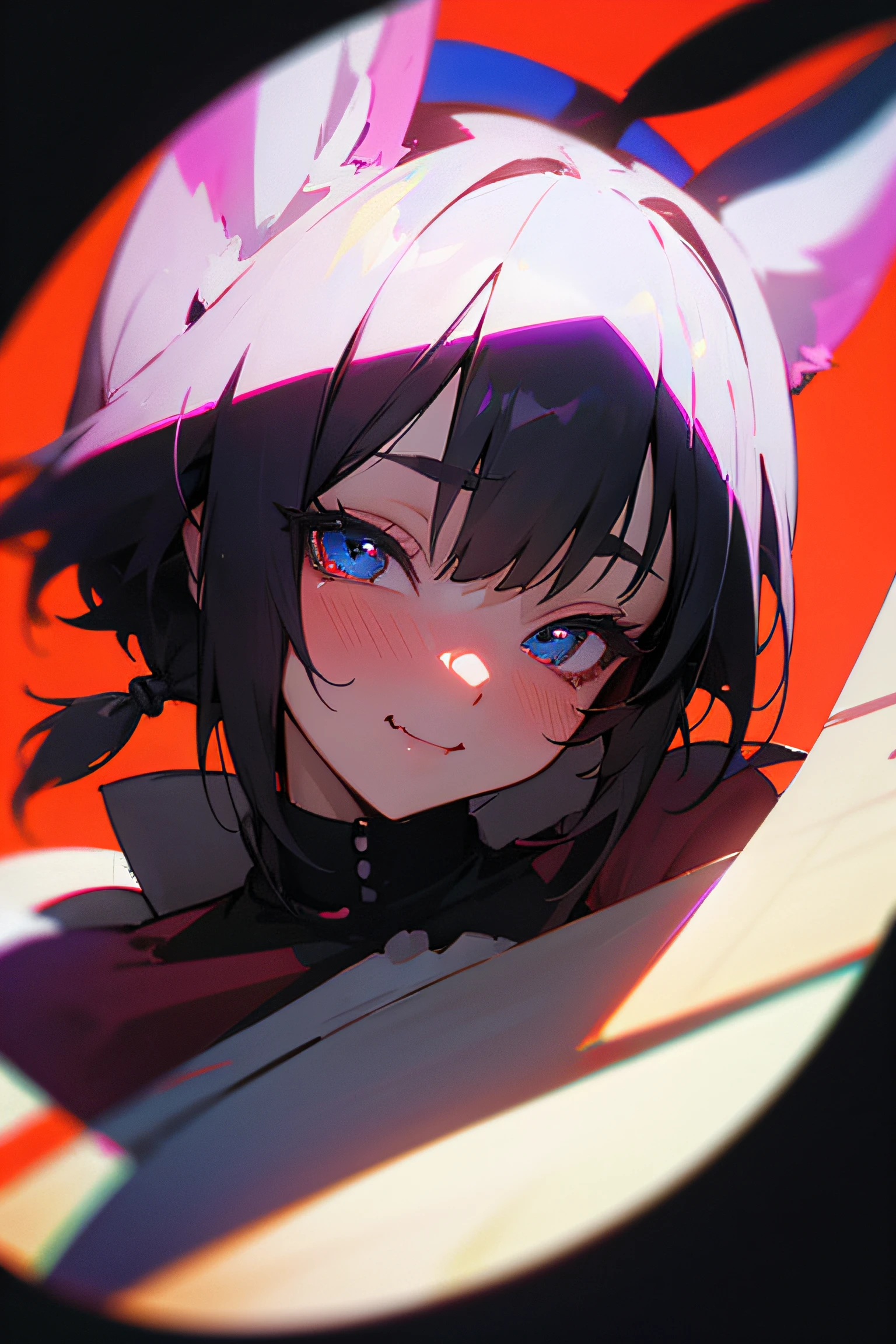 black hair, hair bobbles, wince, longeyelashes, solid circle eyes, fake animal ears, light smile, ear blush, fang, Surrealism, drop shadow, anaglyph, stereogram, tachi-e, pov, atmospheric perspective, 8k, super detail, ccurate, best quality