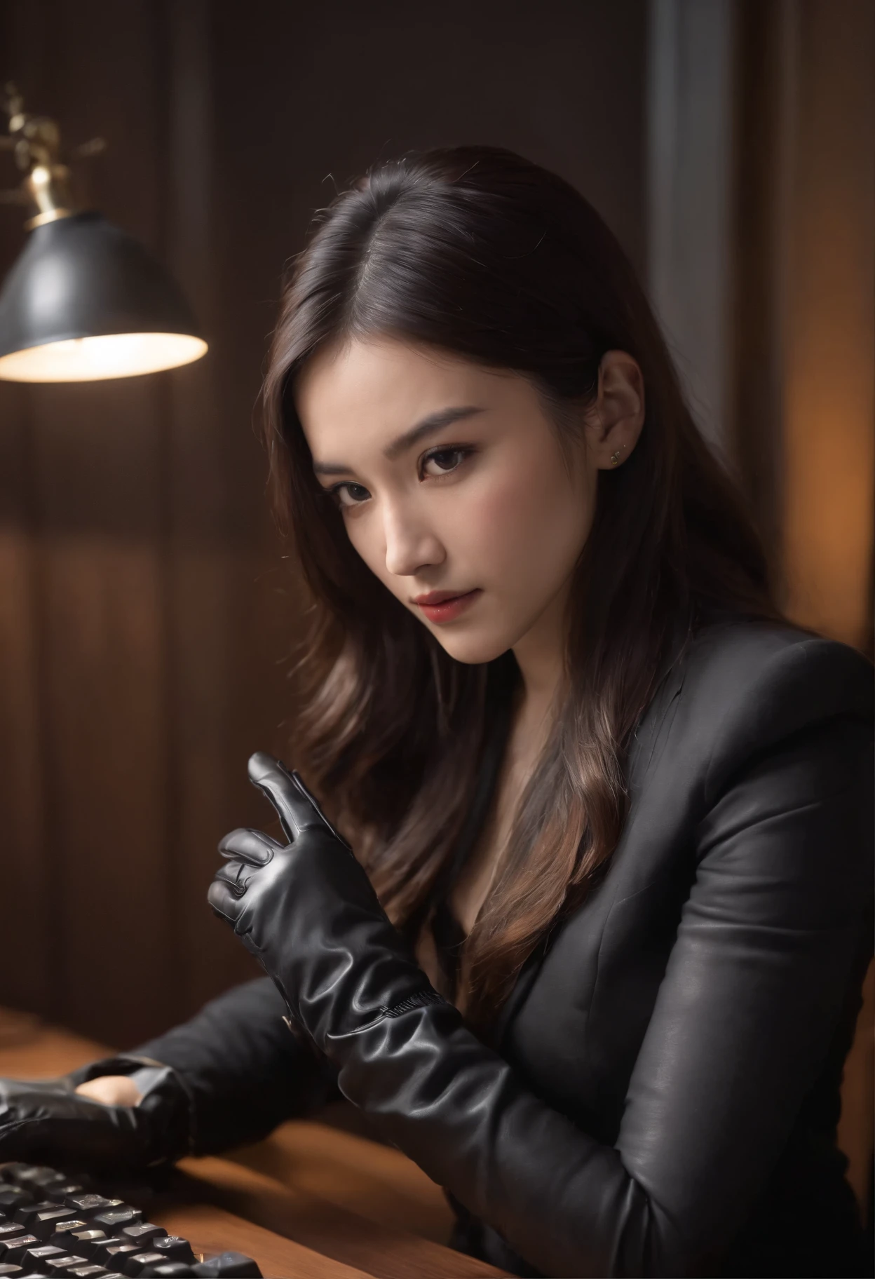 Wearing black leather gloves in both hands, upper body, black business suit, facing the desk in my room with a computer in the dark, operate the computer keyboard with the fingertips of black leather gloves while looking at the screen, long, black hair bundled in the back, Japanese female new employee (black leather gloves cover both hands) (angle is in the front)