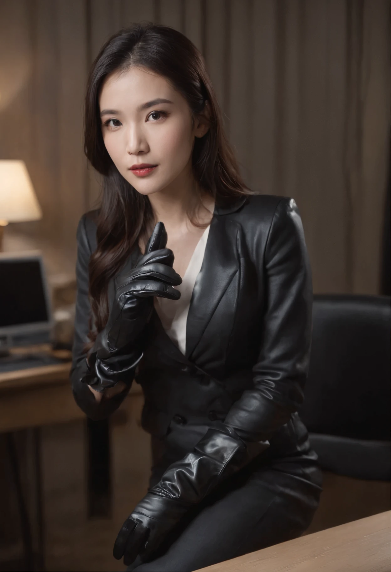Black leather gloves with five fingers in both hands, black leather tight skirt, white blouse, black leather long boots, Japanese girl with straight black hair, sit on a leather chair with her feet aligned, both hands of leather gloves are aligned on her knees