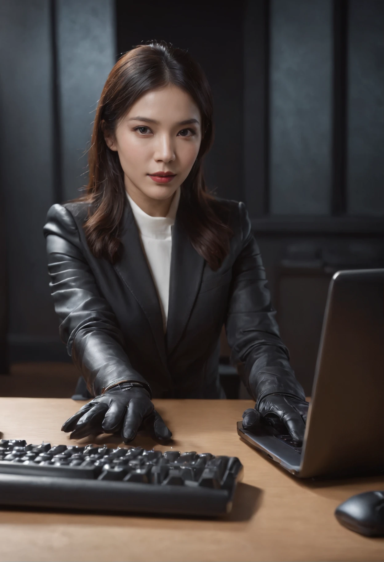 Wearing black leather gloves in both hands, upper body, black business suit, facing the desk in my room with a computer in the dark, operate the computer keyboard with the fingertips of black leather gloves while looking at the screen, long, black hair bundled in the back, Japanese female new employee (black leather gloves cover both hands) (angle is in the front)