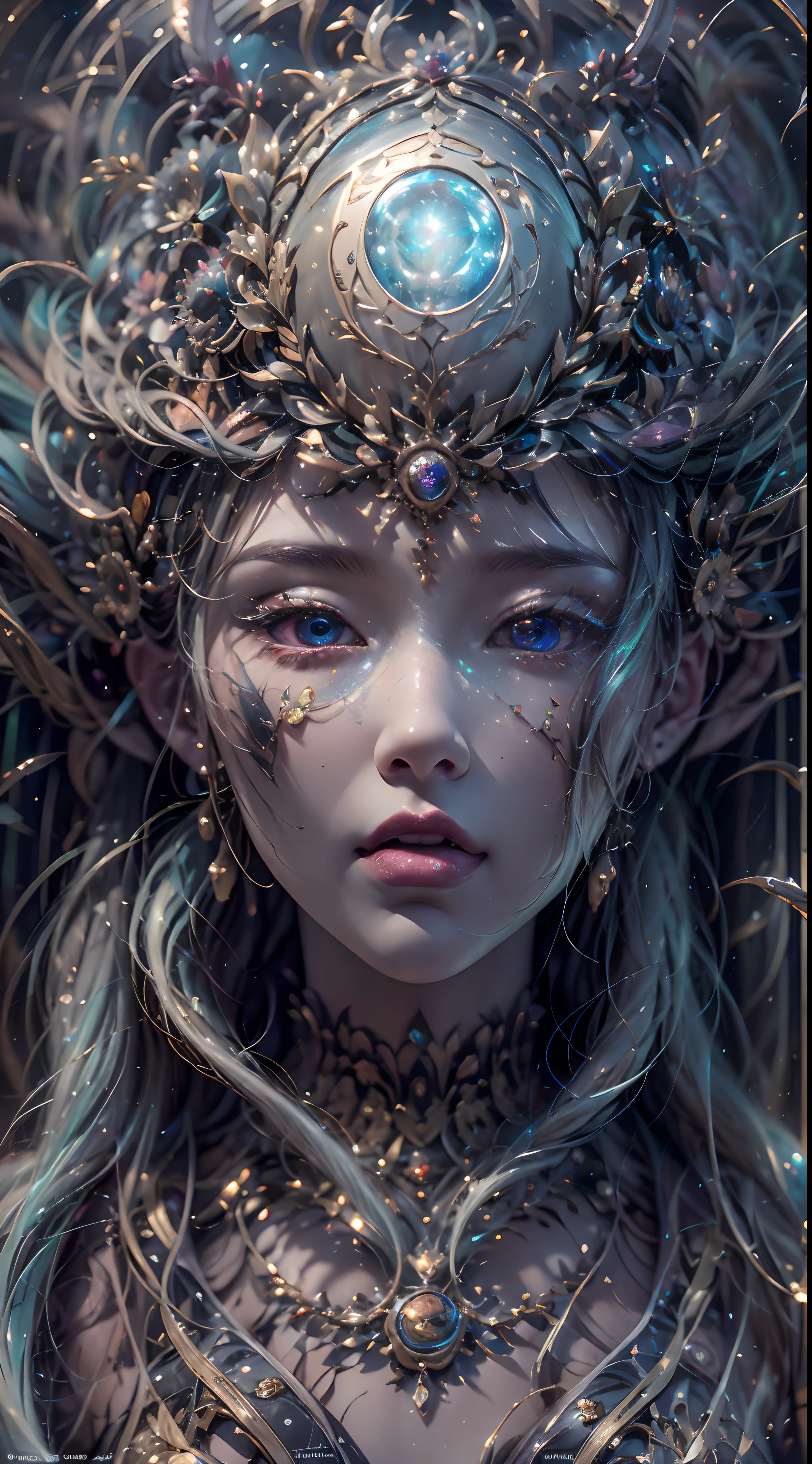 (best qualtiy,ultra - detailed,Most Best Illustration,Best shadow,tmasterpiece,A high resolution,professionalartwork,famousartwork),Detailed eyes,beautidful eyes,closeup cleavage,sci-fy,colored sclera,Robot eyes,face markings,Tattooed with,(fractalized,Fractal eyes),largeeyes,Wide eyes,(Eye focus),sface focus,Cosmic eyes,Space eyes,Close-up of metal sculpture of a woman with a moon in her hair,goddes。extremly high detail,3 d goddess portrait,Extremely detailed footage of the goddess,a stunning portrait of a goddess,Side image of the goddess,portrait of a beautiful goddess,Full body close-up portrait of the goddess,hecate goddess,portrait of a norse moon goddess,goddess of space and time