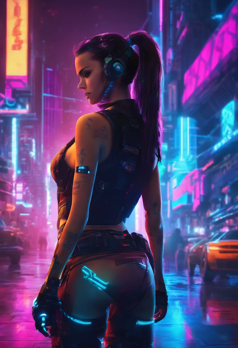 girl, stand with back, cyberpunk style, beauty body, cyberpunk world, hand with gun, black hair, pony tail,