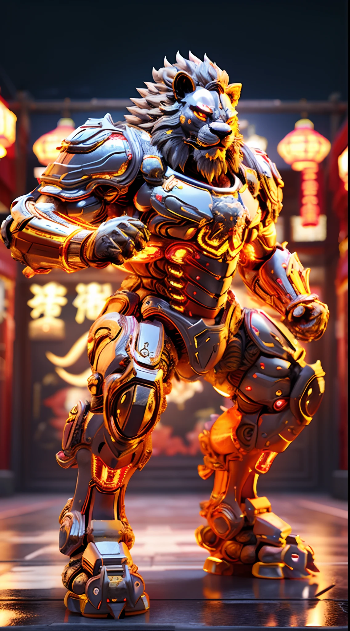 CHINESE LION, LION HEAD, FULL BODY, CLAW, HEAVY CRYSTAL ARMOR, TRANSPARANT, MUSCLE BODY.
