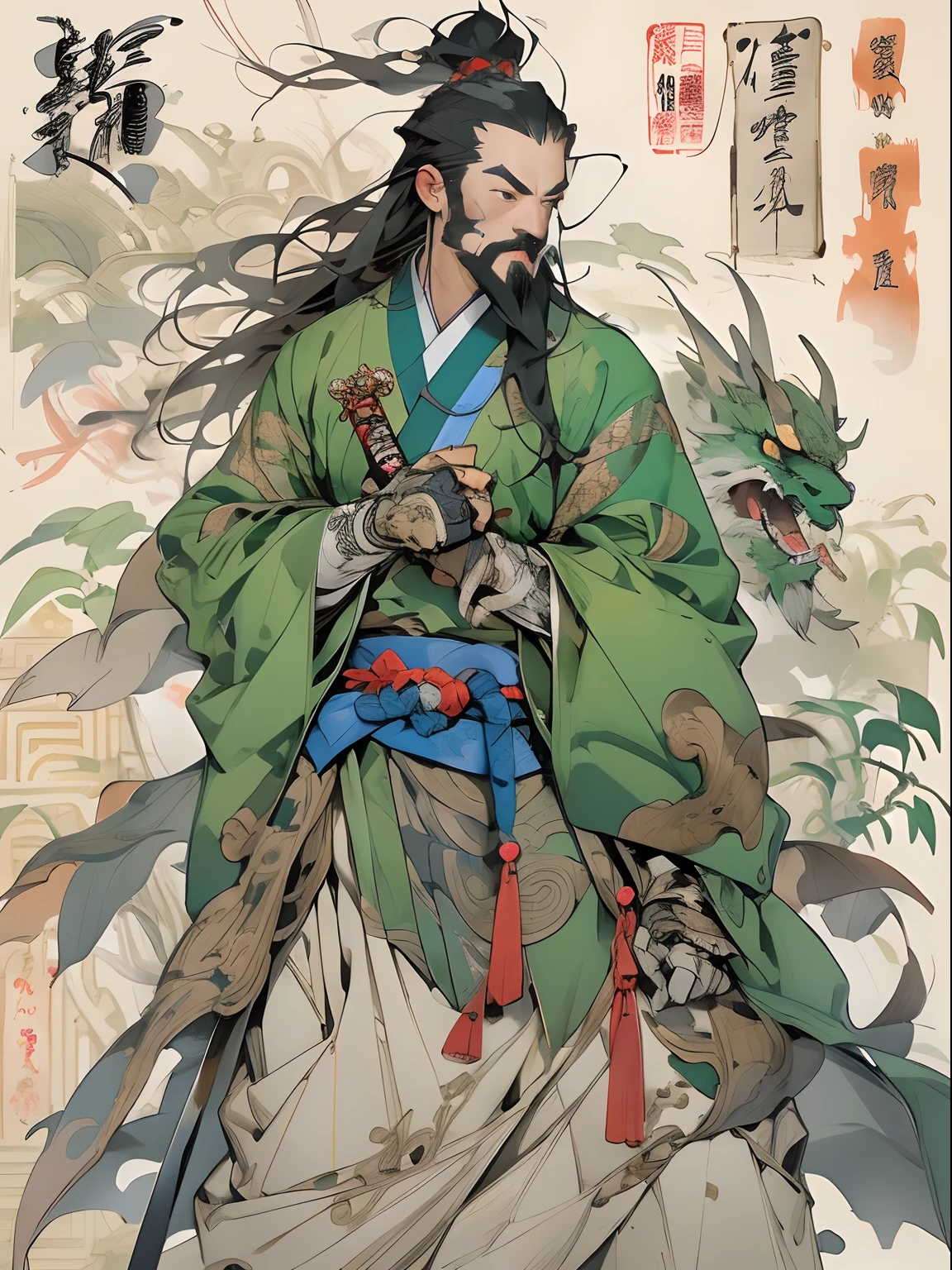 (((China-style，Ink painting method，Half-length portrait，Intense color，Han dynasty, China，Hanfu，Armor，Guan yu，Guan Yunchang，of a guy，Ruddy killing square face，Hold the Blue Dragon Moon Knife in his right hand，Stroke your beard with your left hand，Long hair，petty eyes，Green robe))), (((best qualityer))), (((tmasterpiece))), (((AS-Adult))), ((( Japanese ))), Look up from your knees, Handsome Asian samurai，perfect body figure, Modern samurai, ((( Asian))), Wear gloves on your hands，The left arm is made of steel and metal tips，Made of protective devices, The eyes are pulled, (( Appears below the chest )), (( Small dental floss )), Simon Bisley, Almost naked（Simon Bisley）Castle City Wilderness，For high-resolution posters, hair straight, Minimum clothing, armure (Crazy clothes ), Full of tips and rivets, tribal tattoos, (((full bodyesbian))), Straight brunette hair，Colored hair ends