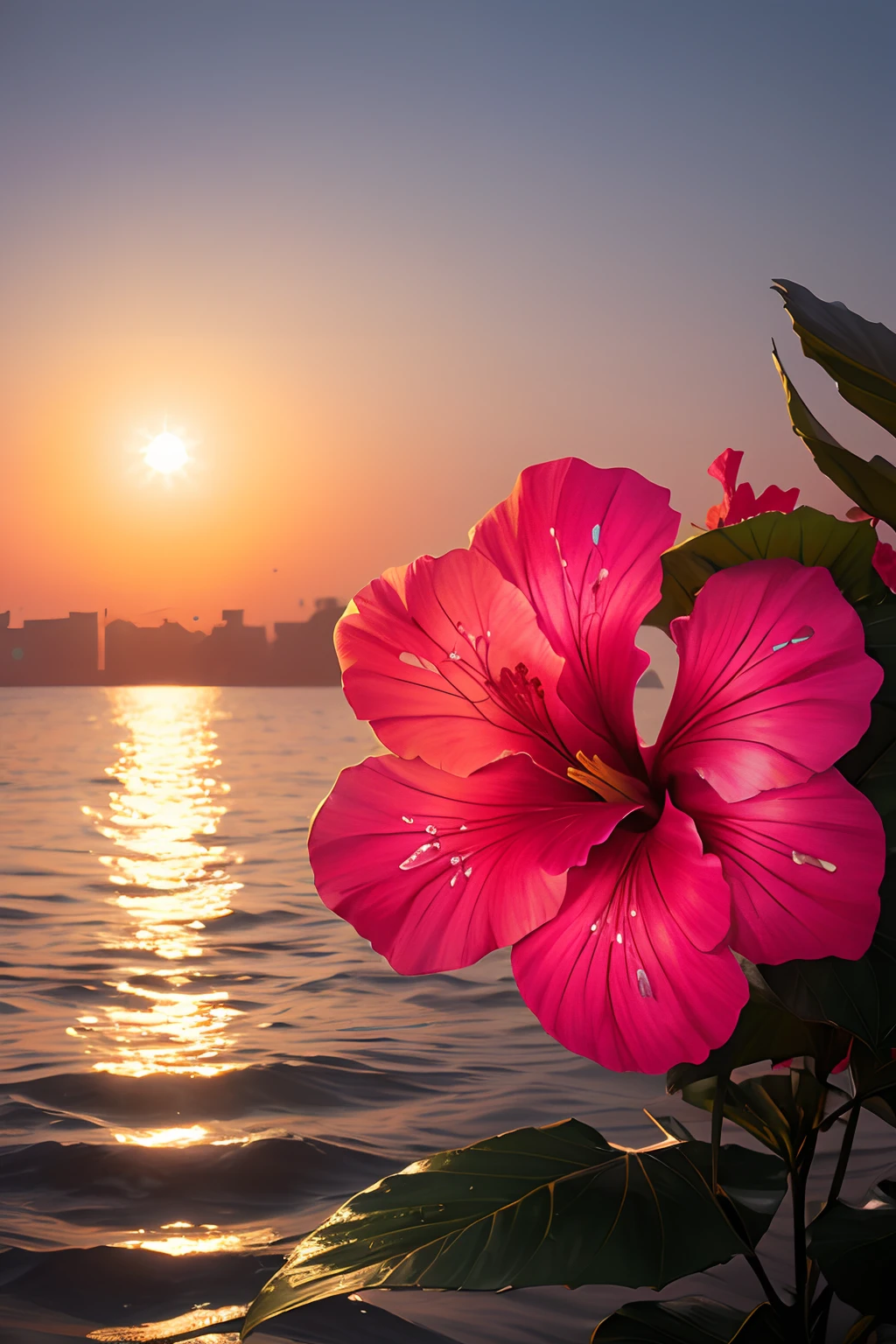 hibiscus Moon with water drops,neon glow, random background, sun rise, bokha mood