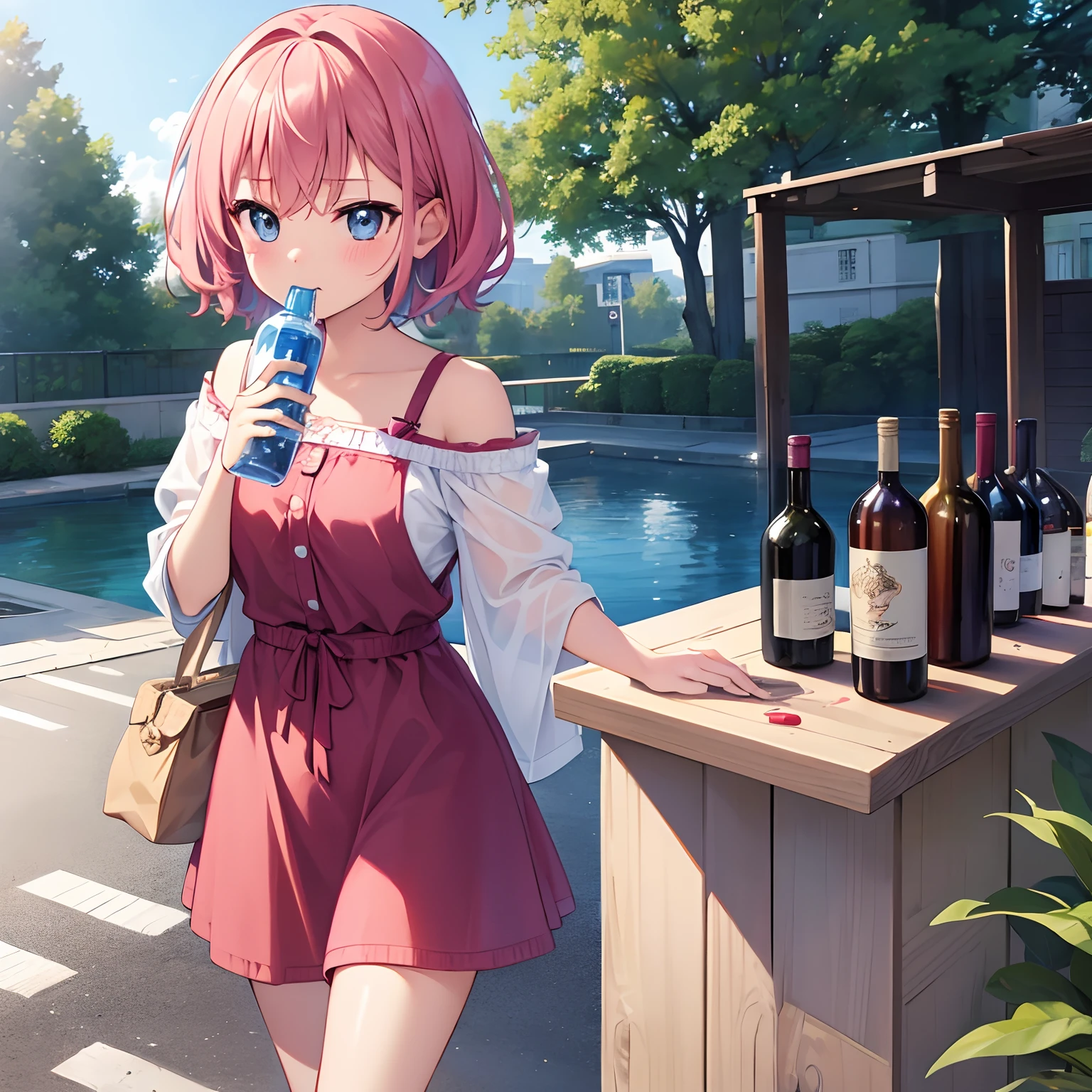 Cute chugging, water bottle, alcohol, wine bottle, 1girl in, Solo, Cute Girl, Cute Cloth, masutepiece, Ultra Detail, Best Quality,