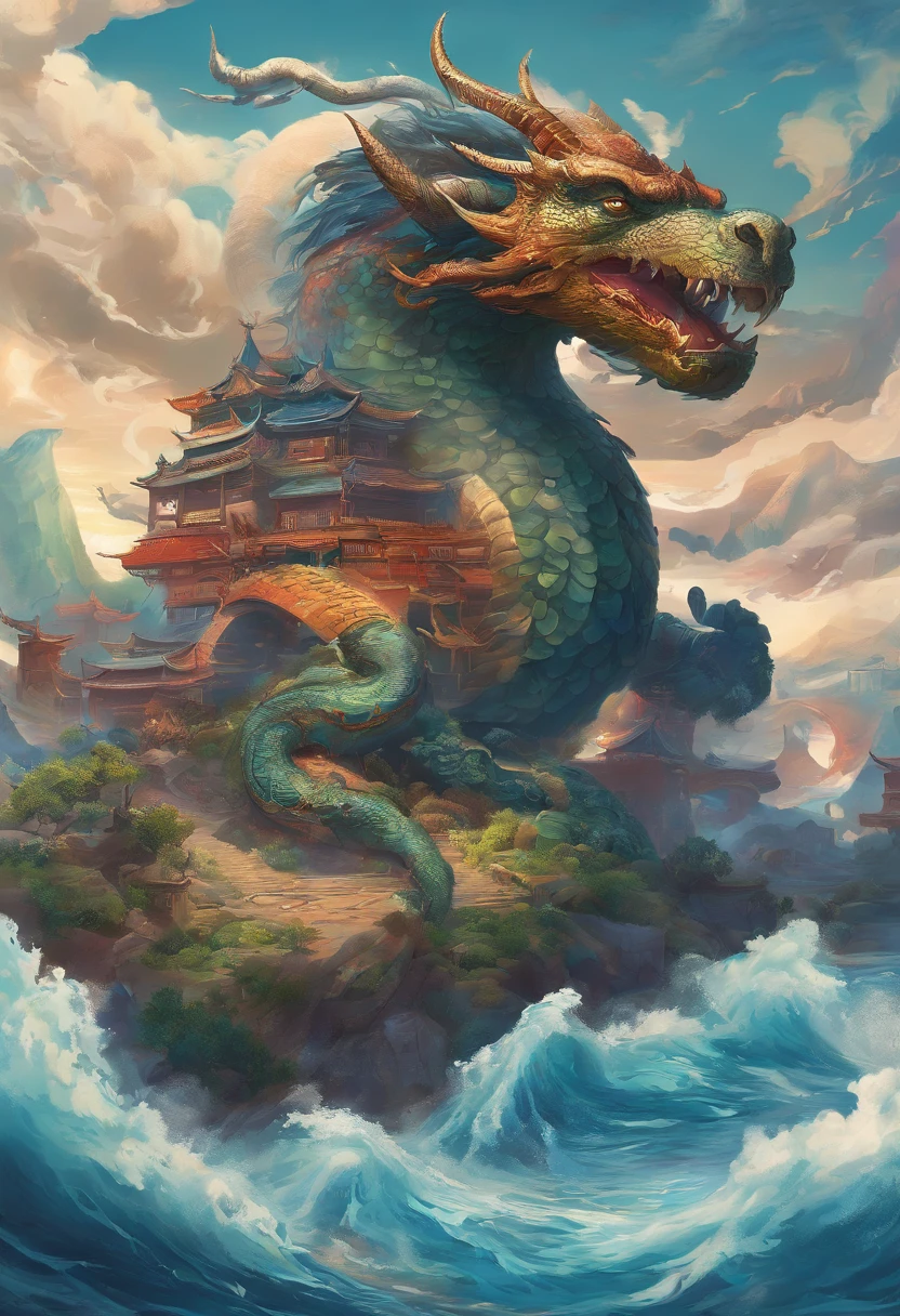 Chinese style, The graphics in the poster design are ocean colors, Chinese dragon turtle in ink painting, and a combination of dragons, As a water god, Living in the North Sea, Control thunderstorms at sea, an ancient Chinese god, turtle, drak, Mare, stony, Super sharp,Realistic details,Auspicious clouds, depth of fields, God Ray, fantasy coloring, romanticism lain, art-deco, Cinematic lighting, Depth of field, Sparkle, god light, Ray tracing, Ultra-wide angle, first person perspective, Wide shot, hyper HD, High quality, High details, Textured skin, Best quality