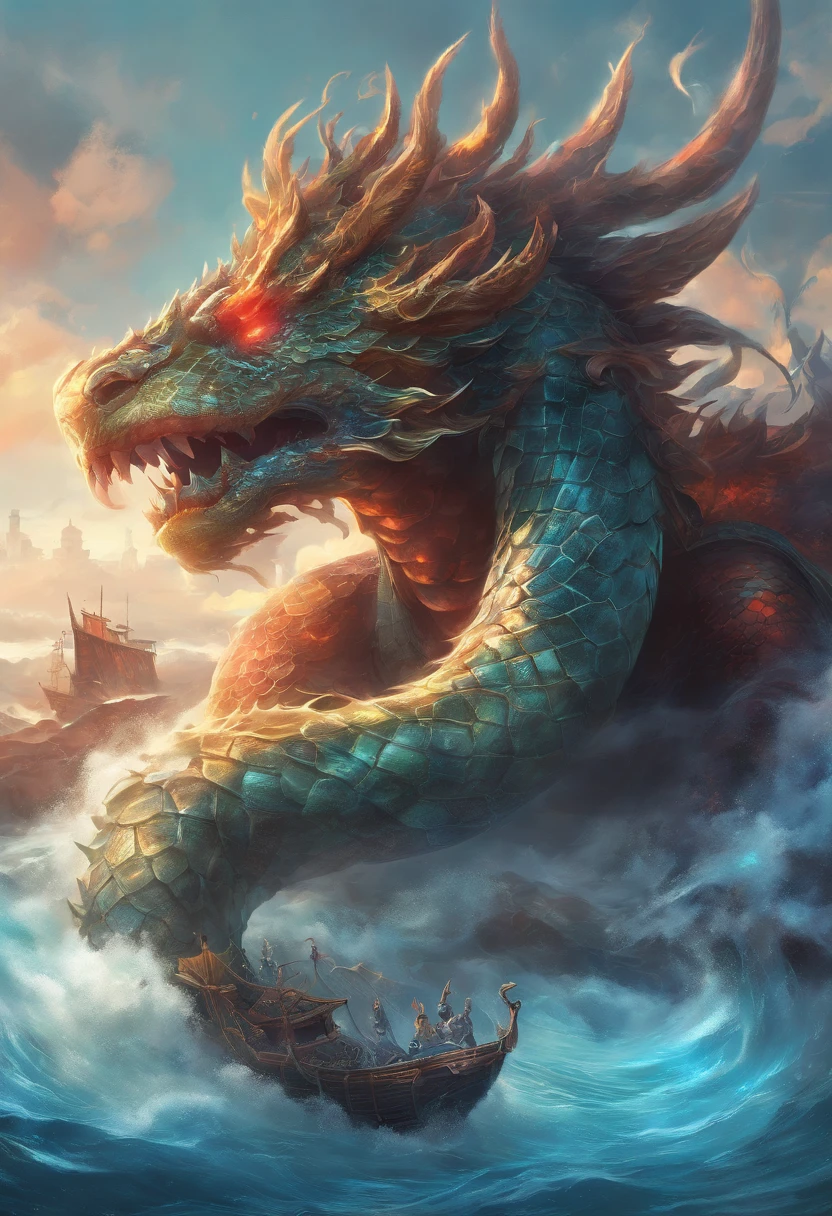 China-style,Chinese mythology,Dragon turtle,faucet,Angular,((Turtle body)),Giant tortoiseshell shell,(Heavy tortoiseshell shell:1.4),The tail of the snake grows out,has horns on its head,tosen,Ferocious,gargantuan,The eyes glow blue light,the sea,Huge waves,surrounded by cloud,中景 the scene is,Full body like, highly detailed surreal vfx,oc rendered,super-fine,Hyper-realistic,Ultra photo realsisim
