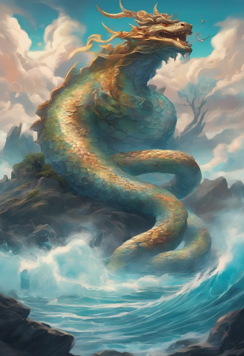 China-style，Chinese mythology，Dragon turtle，faucet，Angular，Turtle body，Giant tortoiseshell shell，（Heavy tortoiseshell shell：1.4），The tail of the snake grows out，has horns on its head，tosen，Ferocious，gargantuan，The eyes glow blue light，the sea，Huge waves，surrounded by cloud，中景 the scene is，Full body like， highly detailed surreal vfx，oc rendered，