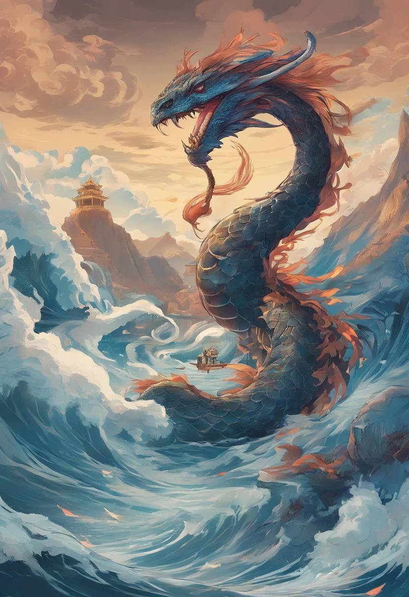 China-style，Chinese mythology，Xuanwu，faucet，Turtle body，Heavy tortoiseshell shell，The snake's tail grows out，has horns on its head，tosen，Ferocious，gargantuan，The eyes glow blue light，the sea，Huge waves，surrounded by cloud，中景 the scene is，Full body like， highly detailed surreal vfx，oc rendered， - AR 16:9 --q 2 --s 1000