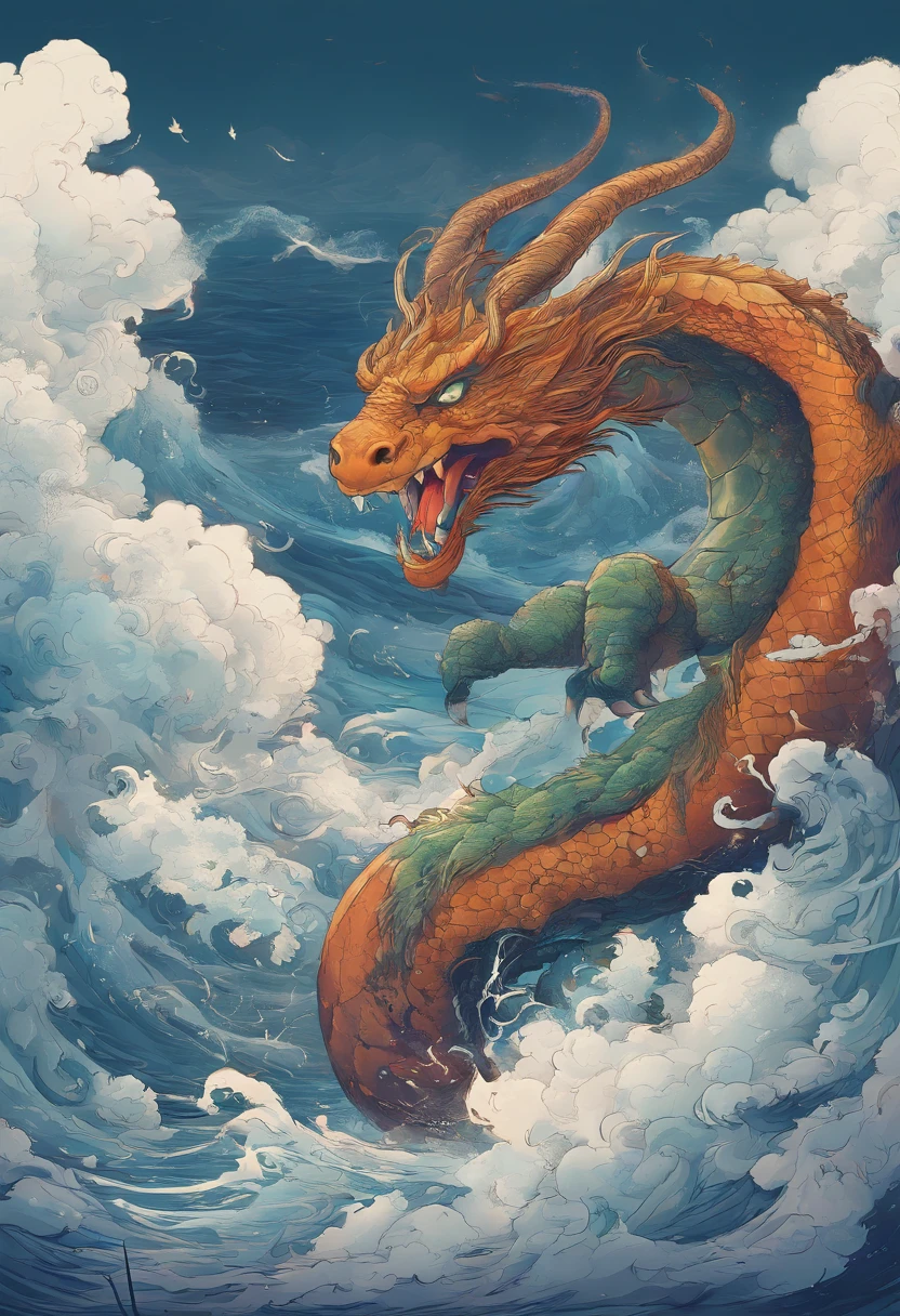 China-style，Chinese mythology，Dragon turtle，Longhorn faucet，Turtle body，Heavy tortoiseshell shell，The tail of the snake grows out，has horns on its head，tosen，Ferocious，gargantuan，The eyes glow blue light，the sea，Huge waves，surrounded by cloud，中景 the scene is，Full body like， highly detailed surreal vfx，oc rendered， - AR 16:9 --q 2 --s 1000