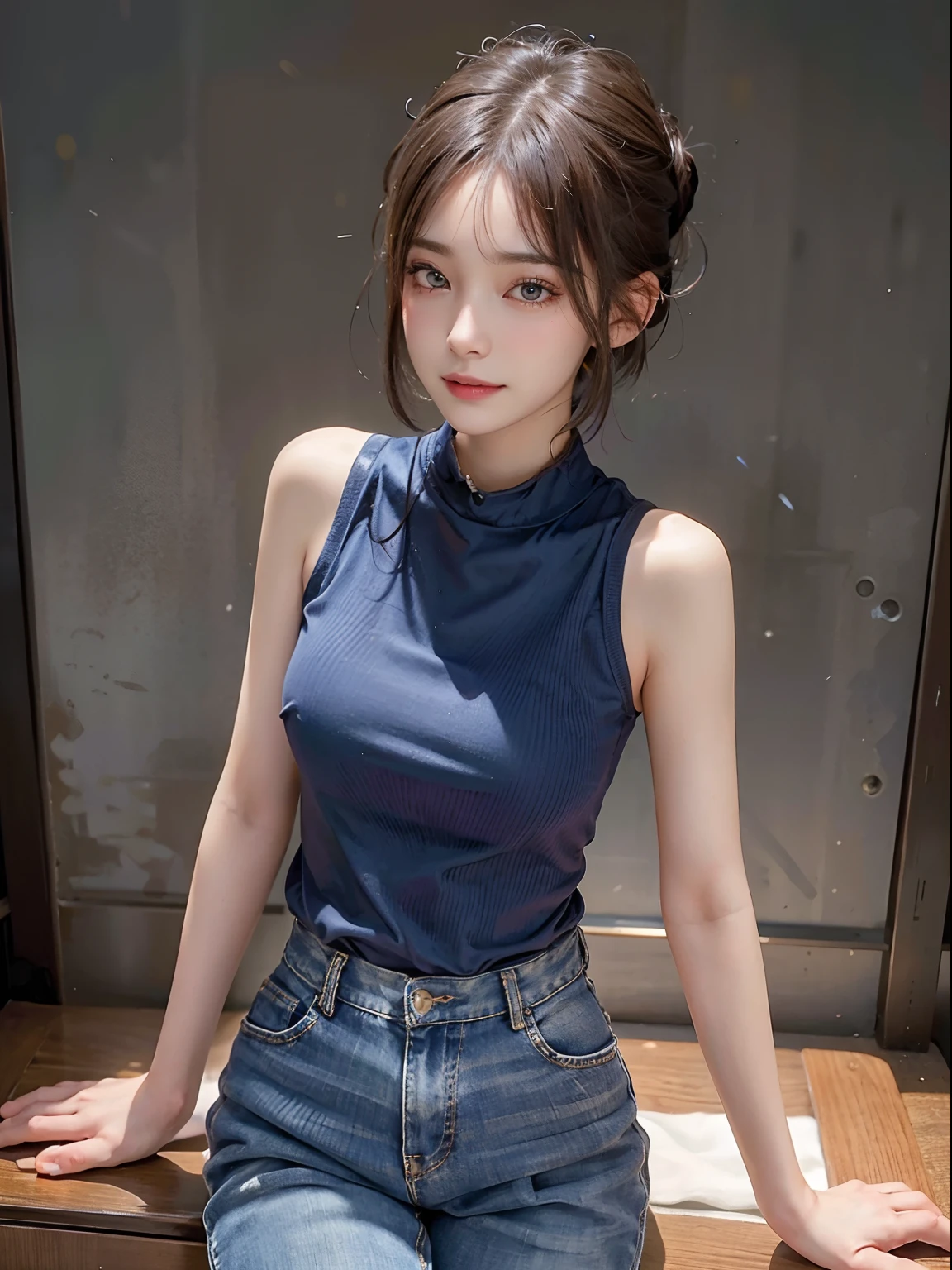 (Raw photography:1.2)、top-quality、a beautiful detailed girl、A smile、short-haired、extremely detailed eye and face、beatiful detailed eyes、huge filesize、hight resolution、8k wallpaper、finely detail、Highly detailed ticker uniform 8K wallpaper、Light on the Face、电影灯光、-yeld giCute poses、(photorealisim:1.4)、Human、super detailing、A sexy、denim、Tank tops