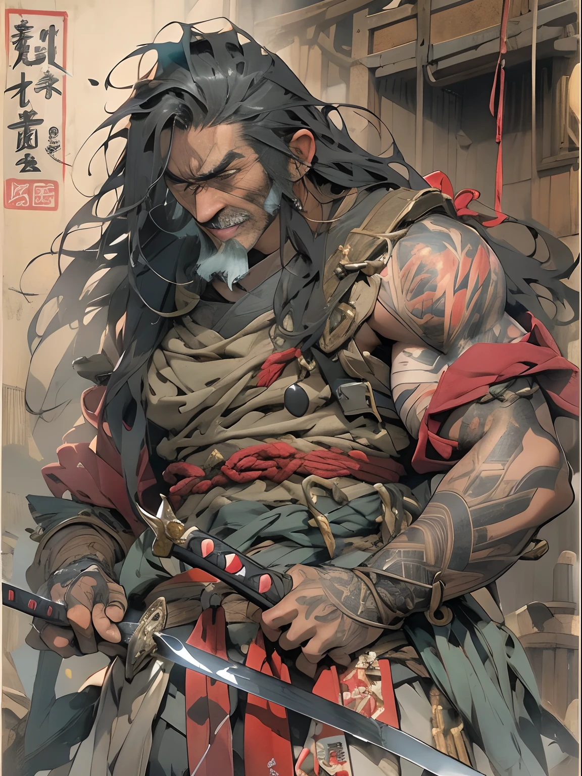 (((mtu))), (((best qualityer))), (((tmasterpiece))), (((AS-Adult))), ((( Japanese ))), Look up from your knees, Handsome Asian samurai，perfect body figure, Modern samurai, ((( Asian))), Wear gloves on your hands，The left arm is made of steel and metal tips，Made of protective devices, The eyes are pulled, (( Appears below the chest )), (( Small dental floss )), Simon Bisley, Almost naked（Simon Bisley）Castle City Wilderness，For high-resolution posters, hair straight, Minimum clothing, armure (Crazy clothes ), Full of tips and rivets, tribal tattoos, (((full bodyesbian))), Straight brunette hair，Colored hair ends
