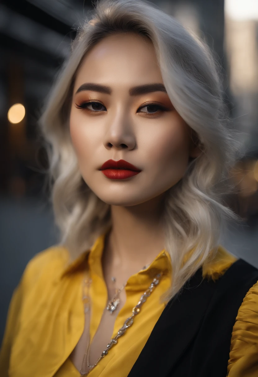 Beautuful Women、japanes、30-years old、yellow hair、Black clothe、Sharp eyes、Grumpy face、slightly open mouth、natta、In the street、neons、Bokeh background、Woman in the center、tall、Silver Necklace、silver earing、One hand is raised、thin makeup、short-hair、Only black costume