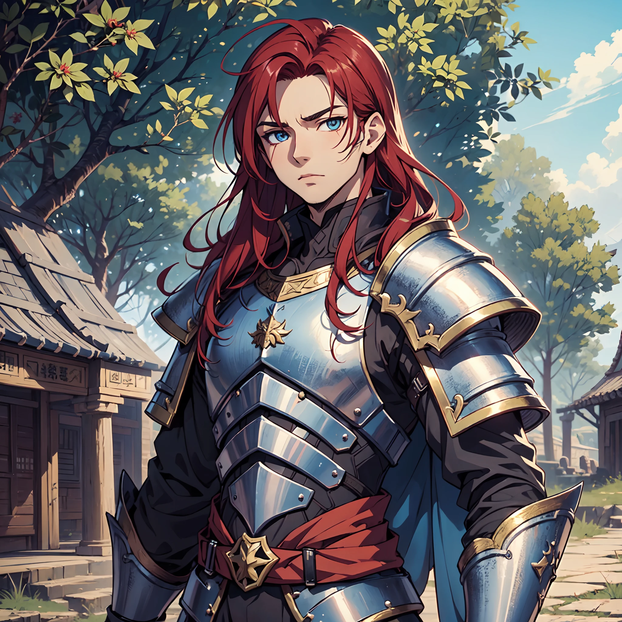 Ultra High Definition, Ultra High Quality, Extremely Detailed, Perfectly Detailed, Masterpiece, 8k, 1 Boy, Look A Like Xin From Kingdom Anime, Handsome, Equipped With All Solid Black Paladin Armor, Solid Light Blue Eyes, Long Red Hair, Body Shot, Ancient Kingdom Background