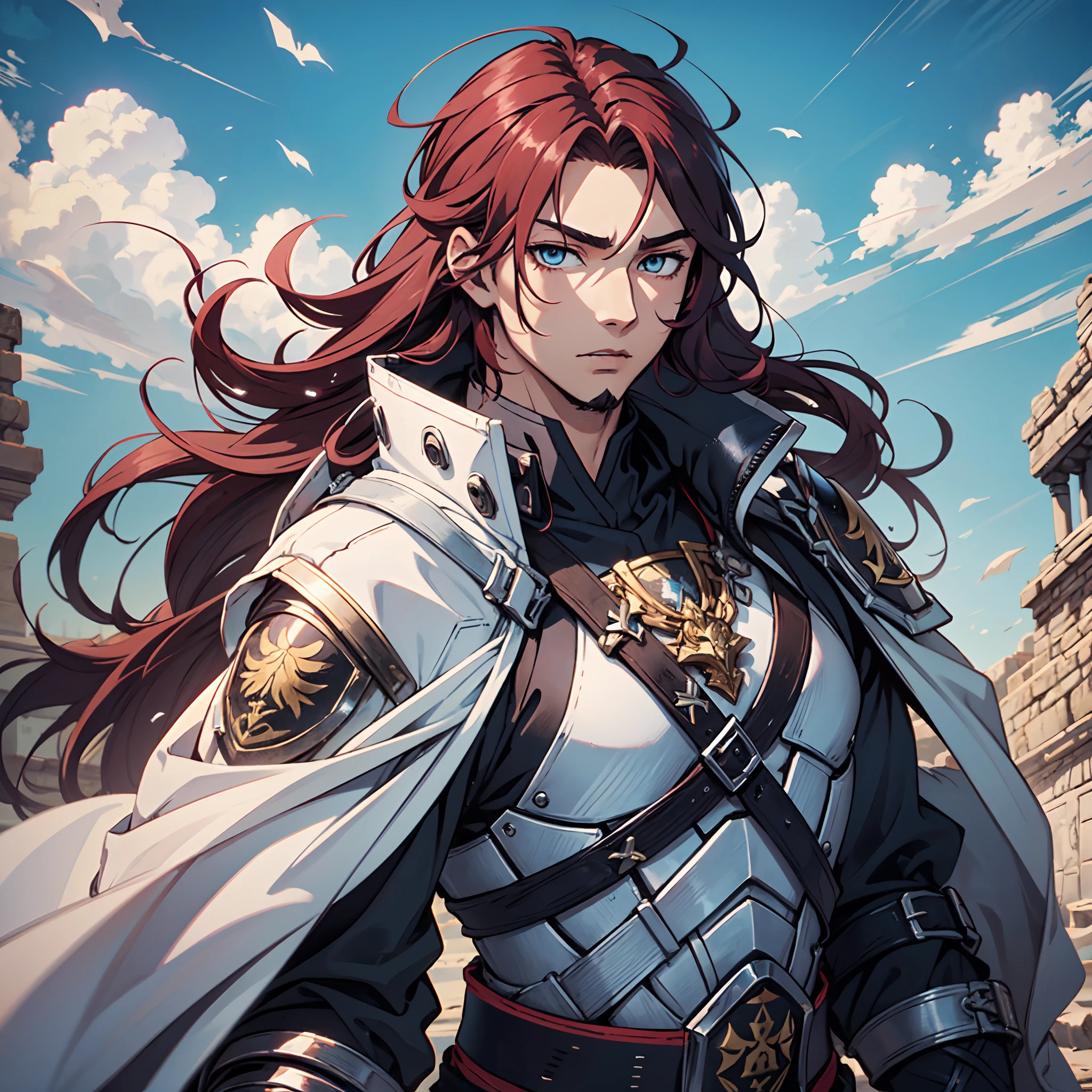Ultra High Definition, Ultra High Quality, Extremely Detailed, Perfectly Detailed, Masterpiece, 8k, 1 Boy, Look A Like Xin From Kingdom Anime, Handsome, Equipped With All Solid Black Paladin Armor, Solid Light Blue Eyes, Long Red Hair, Body Shot, Ancient Kingdom Background