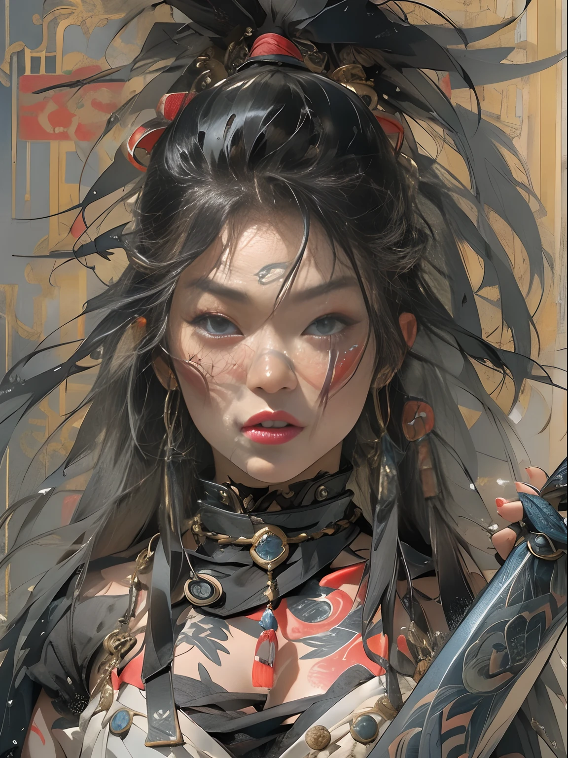 (((woman))), (((best qualityer))), (((tmasterpiece))), (((AS-Adult))), ((( Japanese ))), Look up from your knees, A beautiful asian samurai woman with perfect body, Modern samurai, ((( Asian))), Wear gloves on your hands,The left arm is made of steel and metal tips,Made of protective devices, The eyes are pulled, (( Appears below the breast )), (( Small dental floss )), Simon Bisley, Almost naked(Simon Bisley)Castle City Wilderness,For high-resolution posters, hair straight, Minimum clothing, armure (Crazy clothes ), Full of tips and rivets, tribal tattoos, (((full bodyesbian))), Straight brunette hair,Colored hair ends