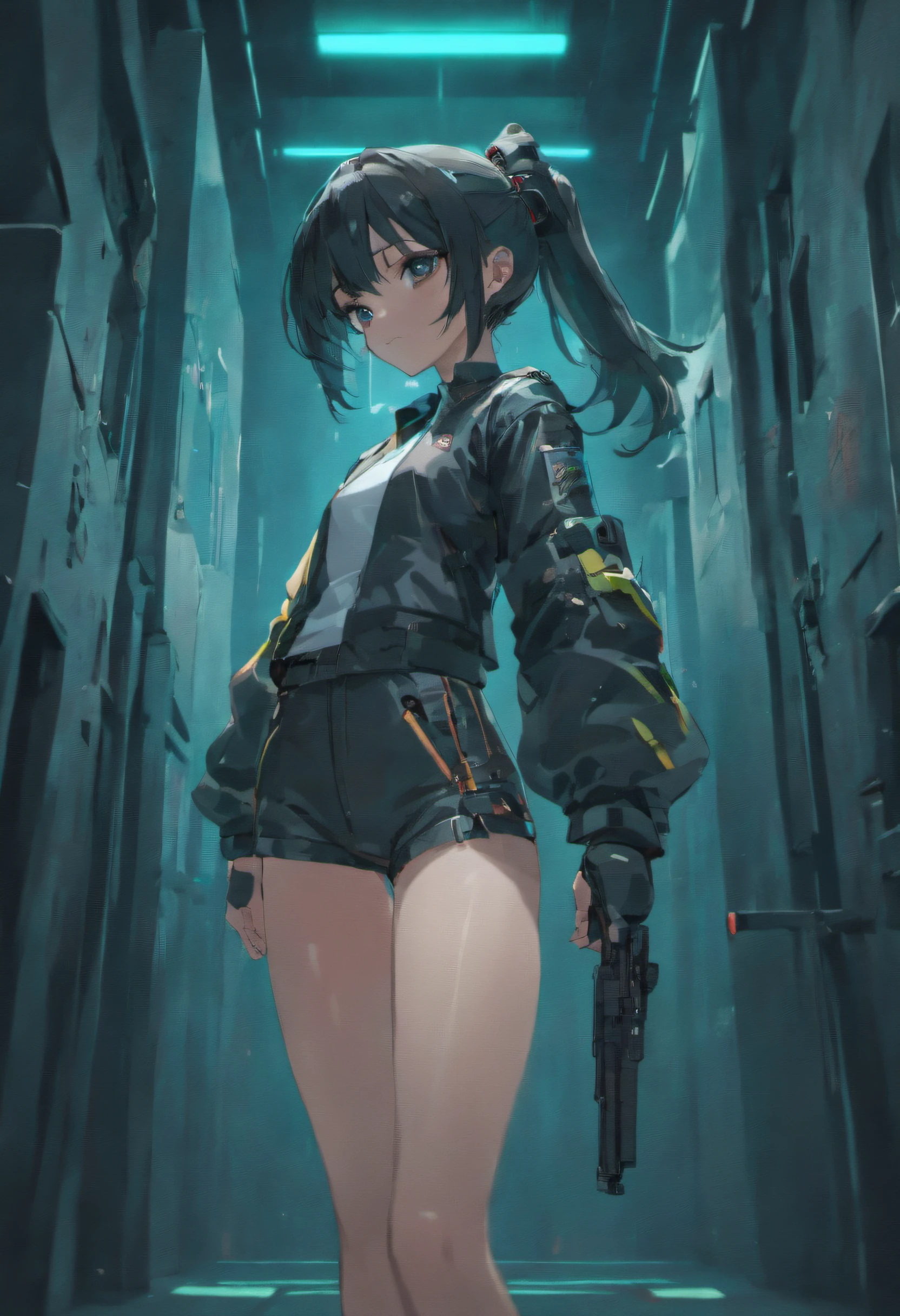 girl, stand with back, cyberpunk style, beauty body, cyberpunk world, hand with gun, black hair, pony tail