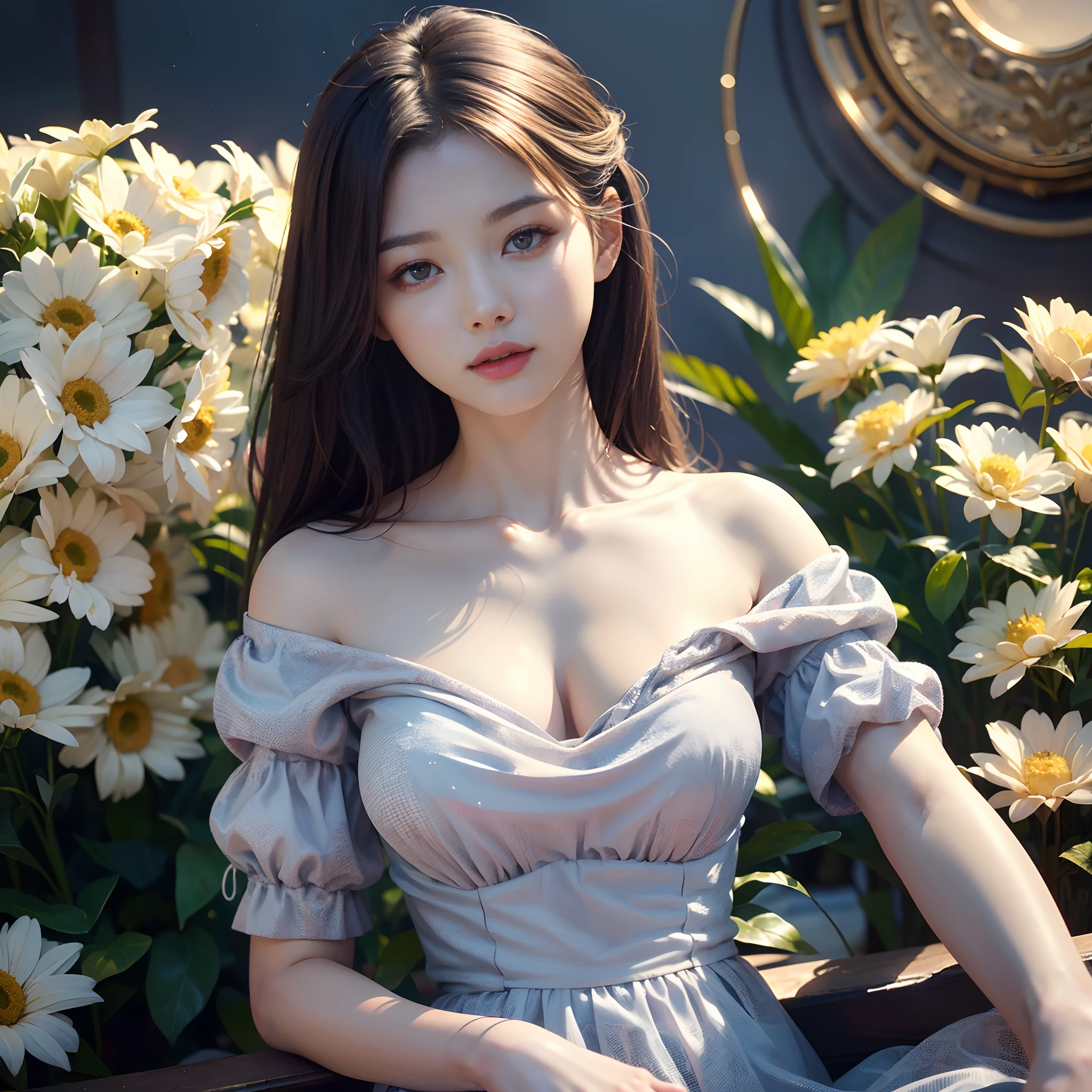 upper body, Realistic Beautiful Woman, Light hair,Beautiful in tiara with big white flowers...,  Detailed eyes, Blue eyes, Side view, A hyper-realistic, Anatomical, Graceful, Dynamic, ighly detailed,  silky, Facing the viewer, The body is arranged symmetrically、Balanced., stunningly beautiful teenage girl, detailed hairstyle,, Convoluted,((top-quality, 8K, ​masterpiece :1.3)), 1womanl, Beautiful woman emphasizing slender abs: 1.3, (casual hairstyle, large full breasts: 1.2), Casual wear: 1.2,  ultra detail face, Delicate pupils, 二重まぶた, Soft breasts, A smile,Perfect body proportions, Valley exposure,Complete portrait of 18 year old Korean woman's face, a moon : Has an impressive and ethereal appearance. She has long, Flowing silver hair that sparkles like moonlight, This is often styled with loose waves. Her eyes are a seductive shade of silver, Reflects her connection to the moon. Luna is skinny, With a graceful physique、In many cases、Wear a celestial-themed costume featuring shades of silver, white, and blue, Similar to the night sky illuminated by the starry sky.