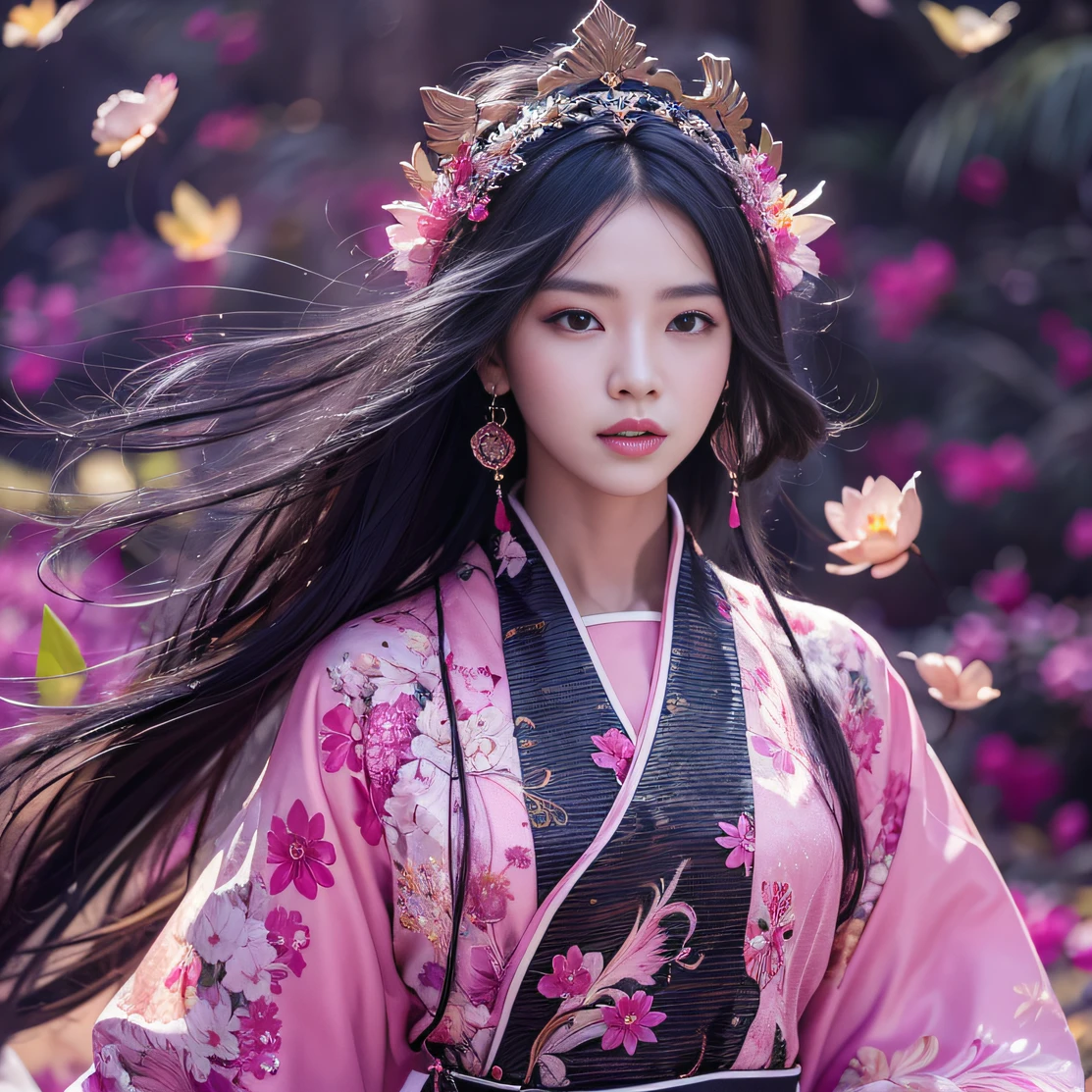 32K（tmasterpiece，k hd，hyper HD，32K）Long flowing black hair，ponds，zydink， a color， Aozhou people （Concubine girl）， （Silk scarf）， Combat posture， looking at the ground， long whitr hair， Floating hair， Carp pattern headdress， Chinese long-sleeved clothing， （abstract ink splash：1.2）， Pink petal background，Pink and white lotus flowers fly（realisticlying：1.4），Black color hair，Fallen leaves flutter，The background is pure， A high resolution， the detail， RAW photogr， Sharp Re， Nikon D850 Film Stock Photo by Jefferies Lee 4 Kodak Portra 400 Camera F1.6 shots, Rich colors, ultra-realistic vivid textures, Dramatic lighting, Unreal Engine Art Station Trend, cinestir 800，Long flowing black hair，Denim skirt