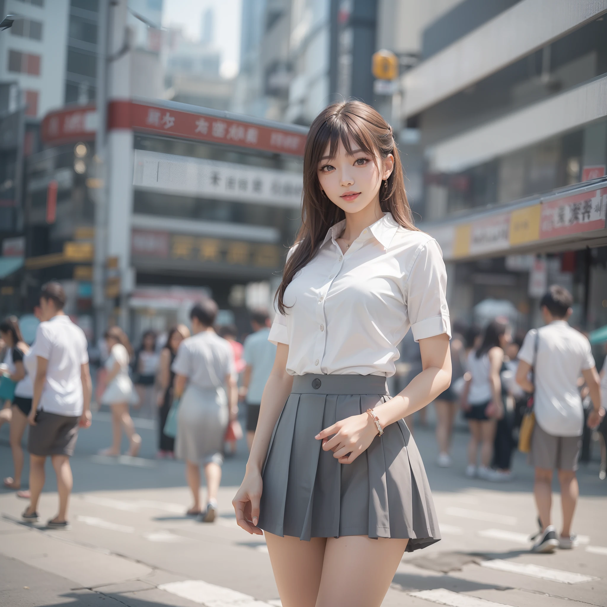 extremely detailed CG unity 8k wallpaper, best quality, ultra-detailed, masterpiece, realistic, photo realistic, extremely detailed cute girl, 20years old, (((skirt lift by myself))), (lifted by self),  panties , panties focus, blush, parted lips, looking at viewer  , half body shot  , (crowd), (crowded city) , wavy hair