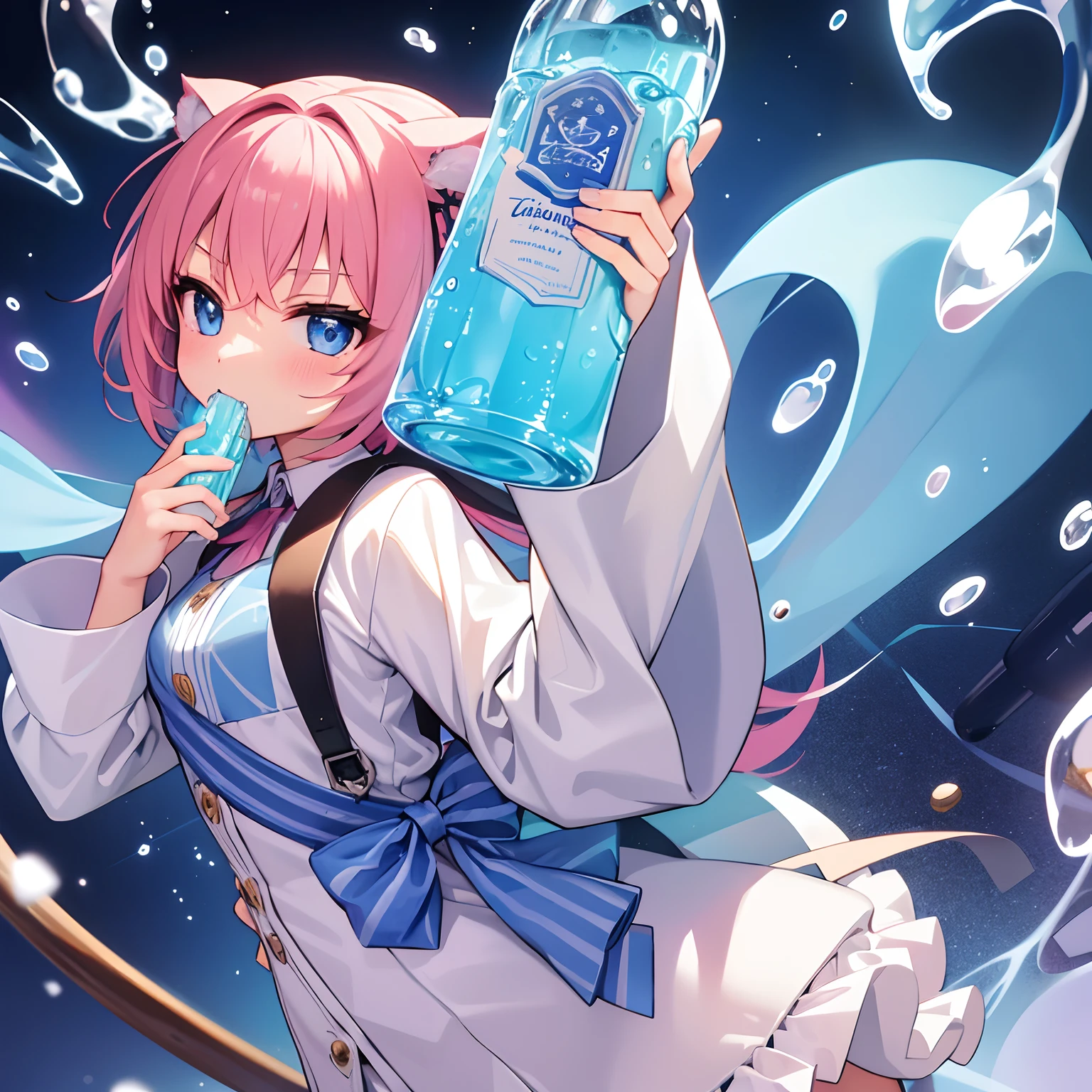 Cute chugging, water bottle, alcohol, wine bottle, 1girl in, Solo, Cute Girl, Cute Cloth, masutepiece, Ultra Detail, Best Quality,