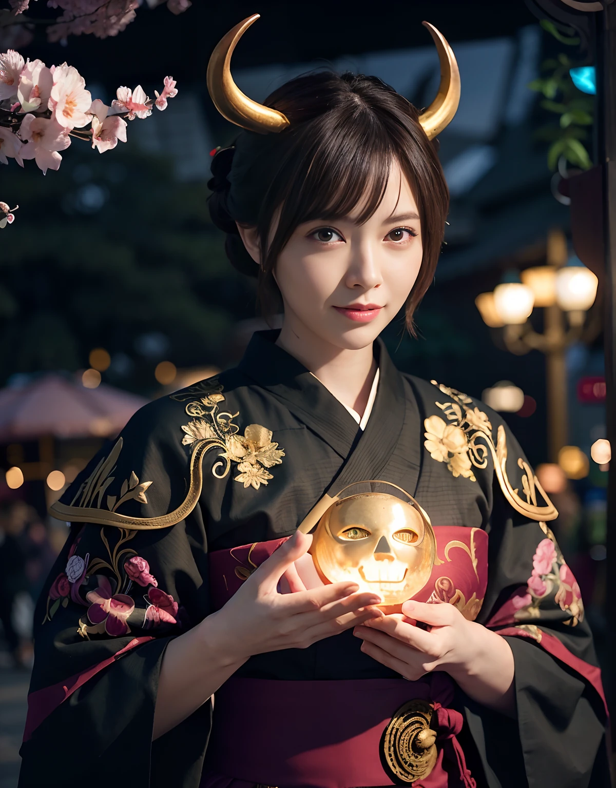 ((World of Darkness)),Professional , ​masterpiece、top-quality、photos realistic , depth of fields 、（sexypose）、(Background of cherry blossoms in full bloom),（Ultimate Beauty）、A dark-haired、（White bikini armor)、（Kimono with beautiful pattern）、（Night background）、（（Wearing a skeleton helmet））,(Wear a beautiful kimono),（Wear a beautiful kimono with colorful floral patterns）、Jewel Gold Weapon、Particles of light),（Has a devil's mask）、Gorgeous gold weapons ,Skeleton population、（（ Gorgeous Dragon Sword）） , （a dark night）,,（maikurobikini） 、（（Black Haired Beautiful Girl））、（Castle background）、（demonic wings）、（（Gangle's forest background））、Beautiful Caucasian beauty、１a person、dynamic ungle,(((Two devil's horns on the head)))、Smaller head、Idle Smile、Thin and beautiful female hands、Mystical expression、Light Effects、intense fighting、Wind-effect、magic circles、With the legendary magic wand、Dragon's tail、