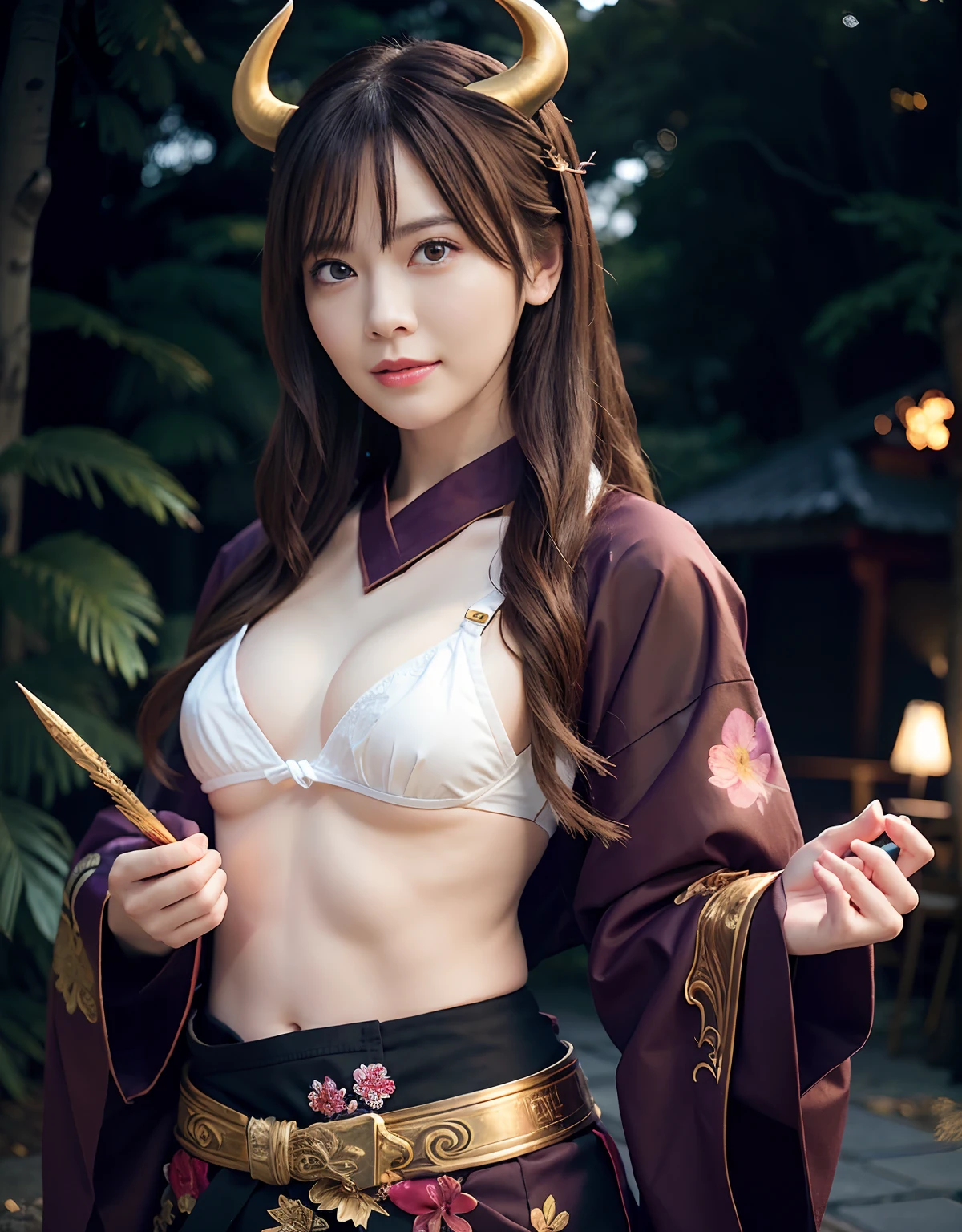 ((World of Darkness)),Professional , ​masterpiece、top-quality、photos realistic , depth of fields 、（sexypose）、(Background of cherry blossoms in full bloom),（Ultimate Beauty）、A dark-haired、（White bikini armor)、（Kimono with beautiful pattern）、（Night background）、（（Wearing a skeleton helmet））,(Wear a beautiful kimono),（Wear a beautiful kimono with colorful floral patterns）、Jewel Gold Weapon、Particles of light),（Has a devil's mask）、Gorgeous gold weapons ,Skeleton population、（（ Gorgeous Dragon Sword）） , （a dark night）,,（maikurobikini） 、（（Black Haired Beautiful Girl））、（Castle background）、（demonic wings）、（（Gangle's forest background））、Beautiful Caucasian beauty、１a person、dynamic ungle,(((Two devil's horns on the head)))、Smaller head、Idle Smile、Thin and beautiful female hands、Mystical expression、Light Effects、intense fighting、Wind-effect、magic circles、With the legendary magic wand、Dragon's tail、