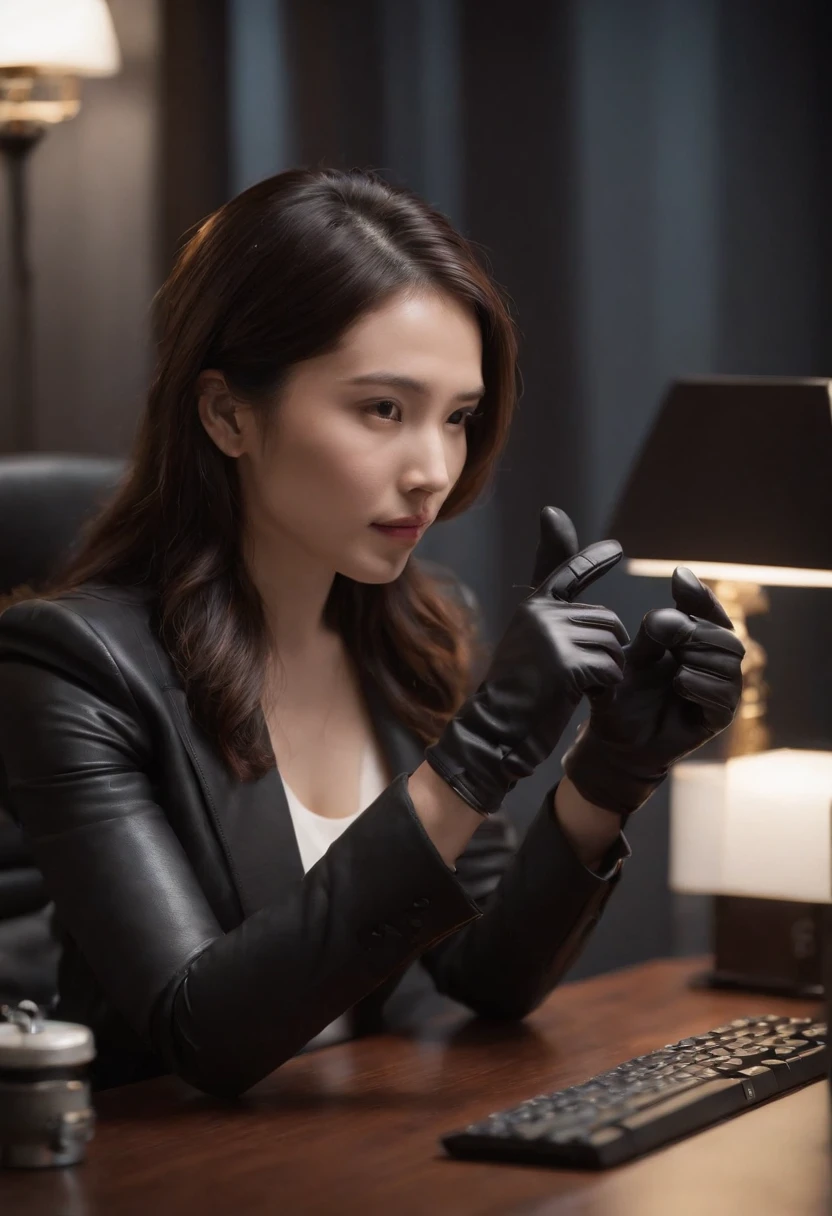 Wearing black leather gloves in both hands, upper body, black business suit, facing the desk in my room with a computer in the dark, operate the computer keyboard with the fingertips of black leather gloves while looking at the screen, long, black hair bundled in the back, Japanese female new employee (black leather gloves cover both hands) (angle is in the front)