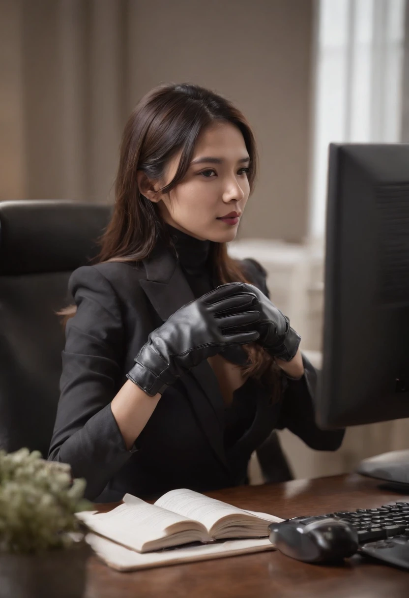 Wearing black leather gloves in both hands, upper body, black business suit, facing the desk in my room with a computer in the dark, operate the computer keyboard with the fingertips of black leather gloves while looking at the screen, long, black hair bundled in the back, Japanese female new employee (black leather gloves cover both hands) (angle is in the front)